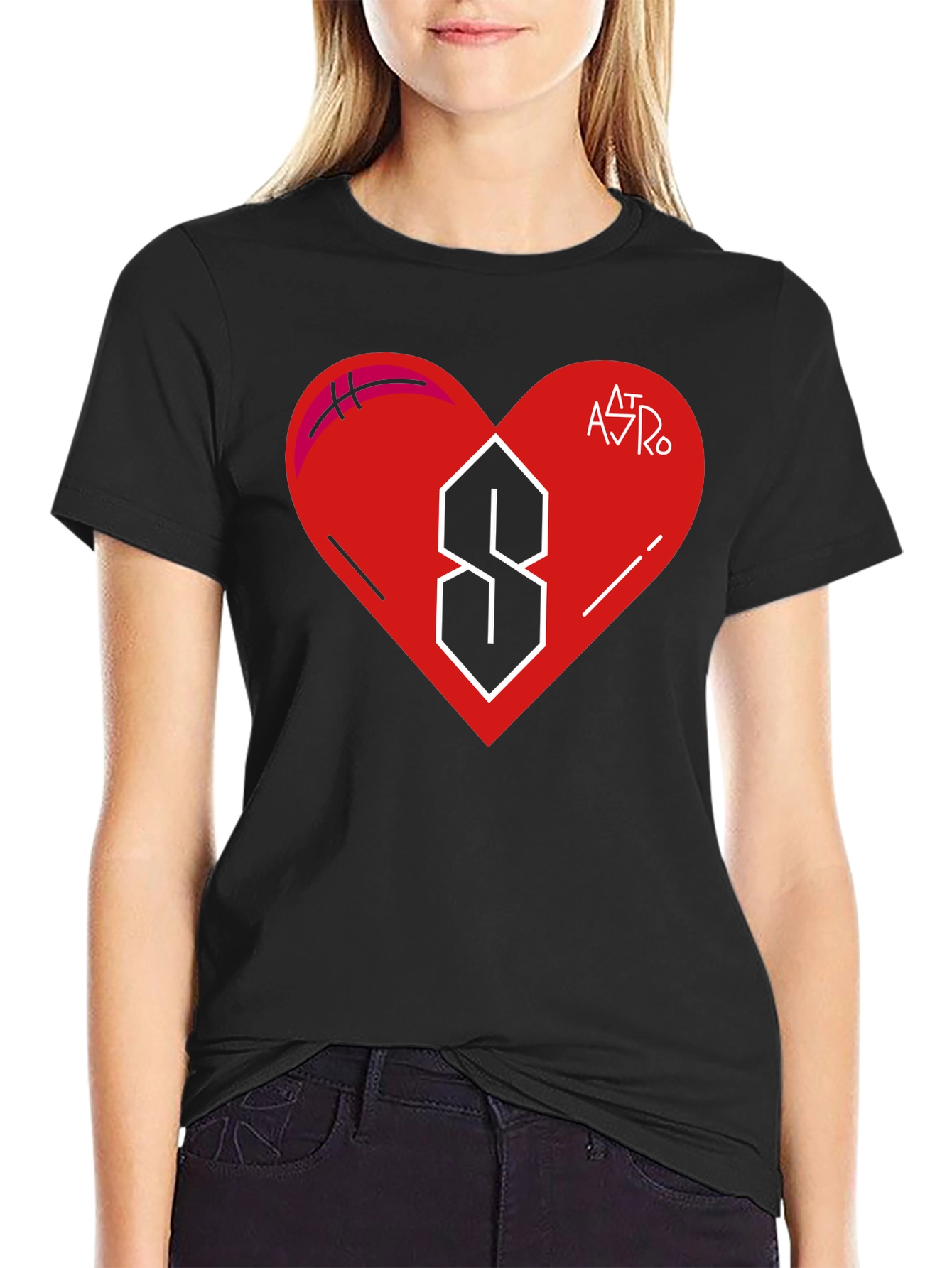 Mens Black T-Shirt with Heart and Letter Graphic