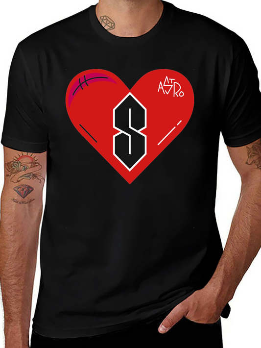 Mens Black T-Shirt with Heart and Letter Graphic