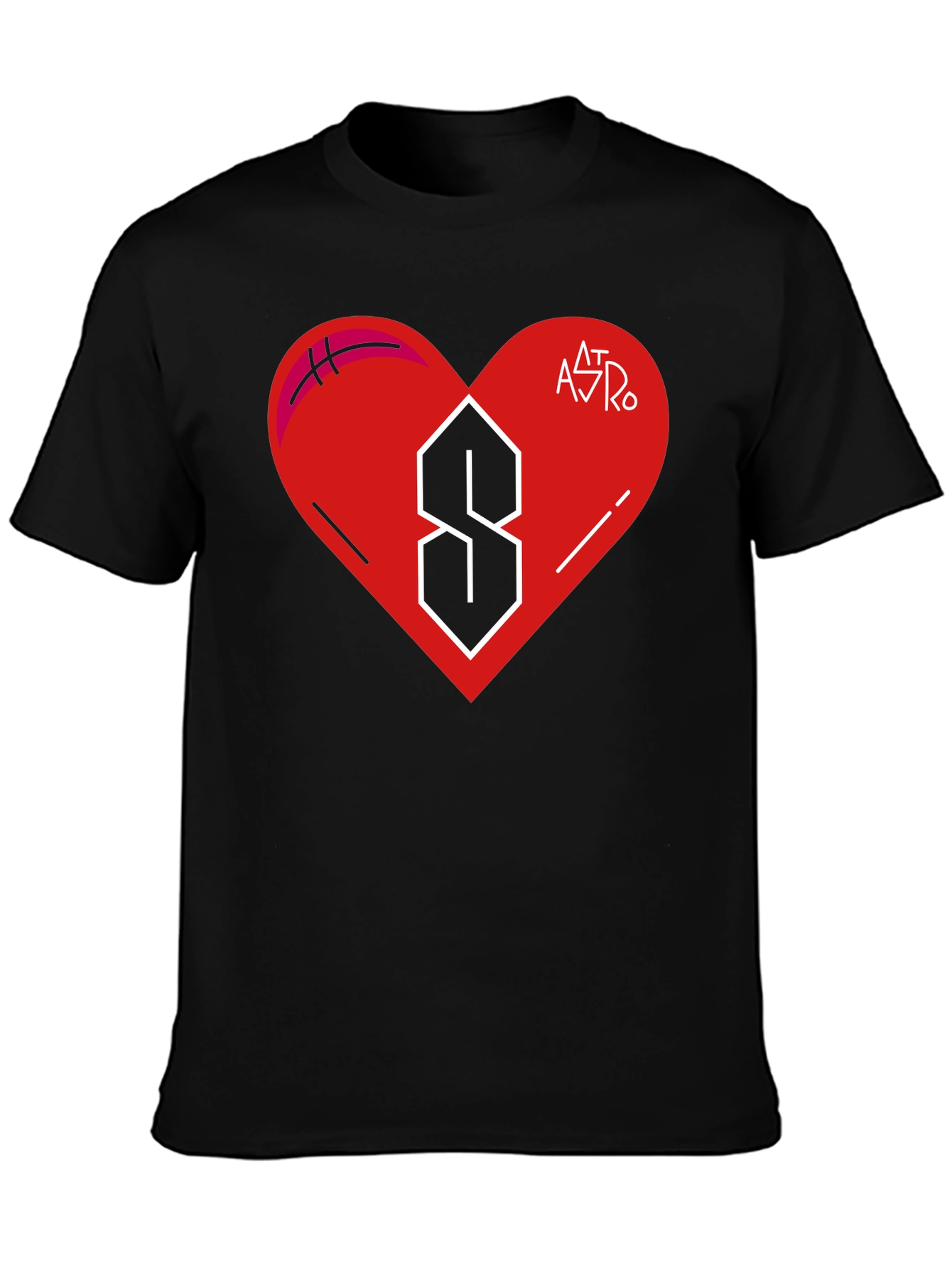Mens Black T-Shirt with Heart and Letter Graphic