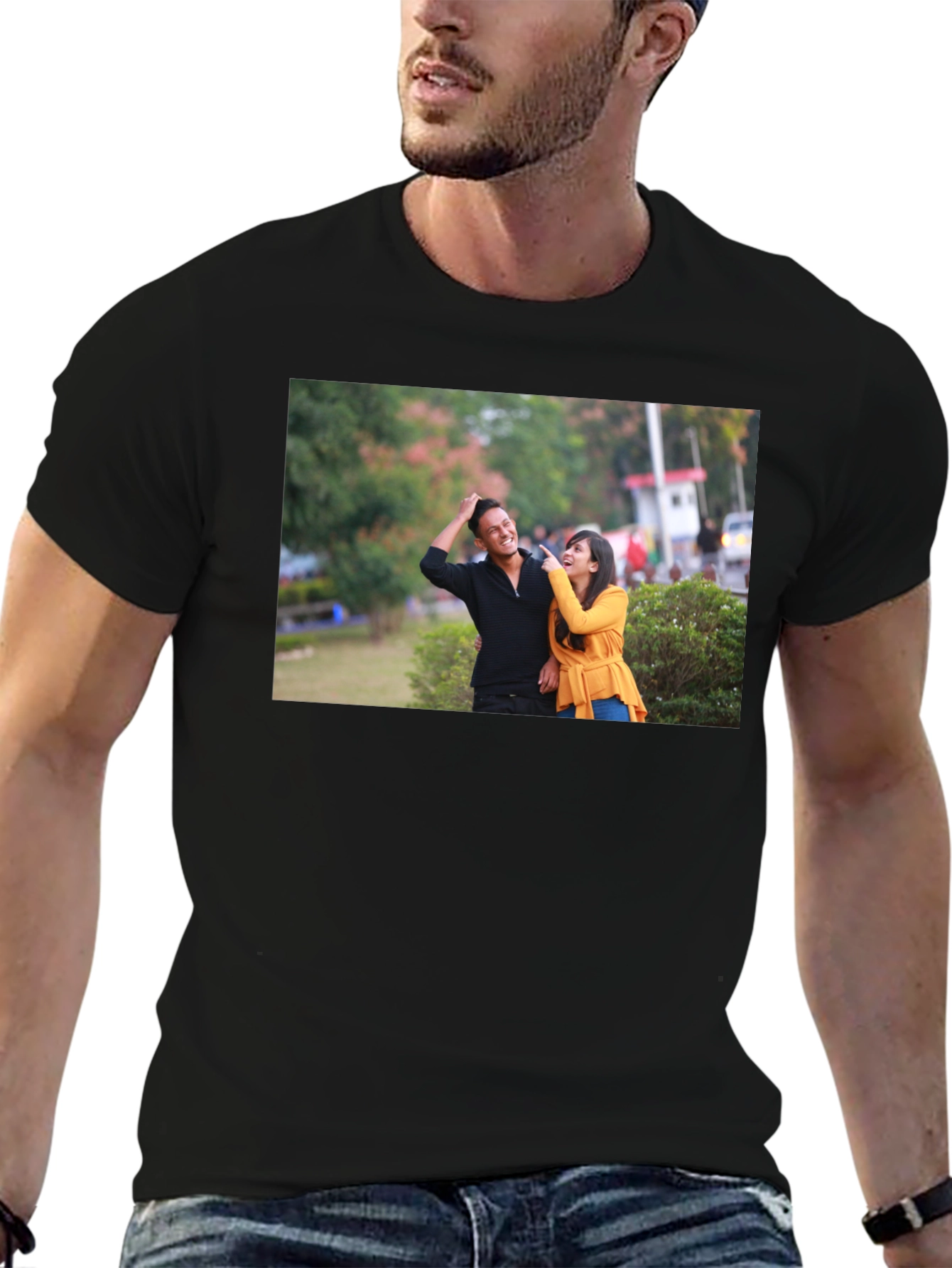 Stylish Black T-Shirt with Couple Print