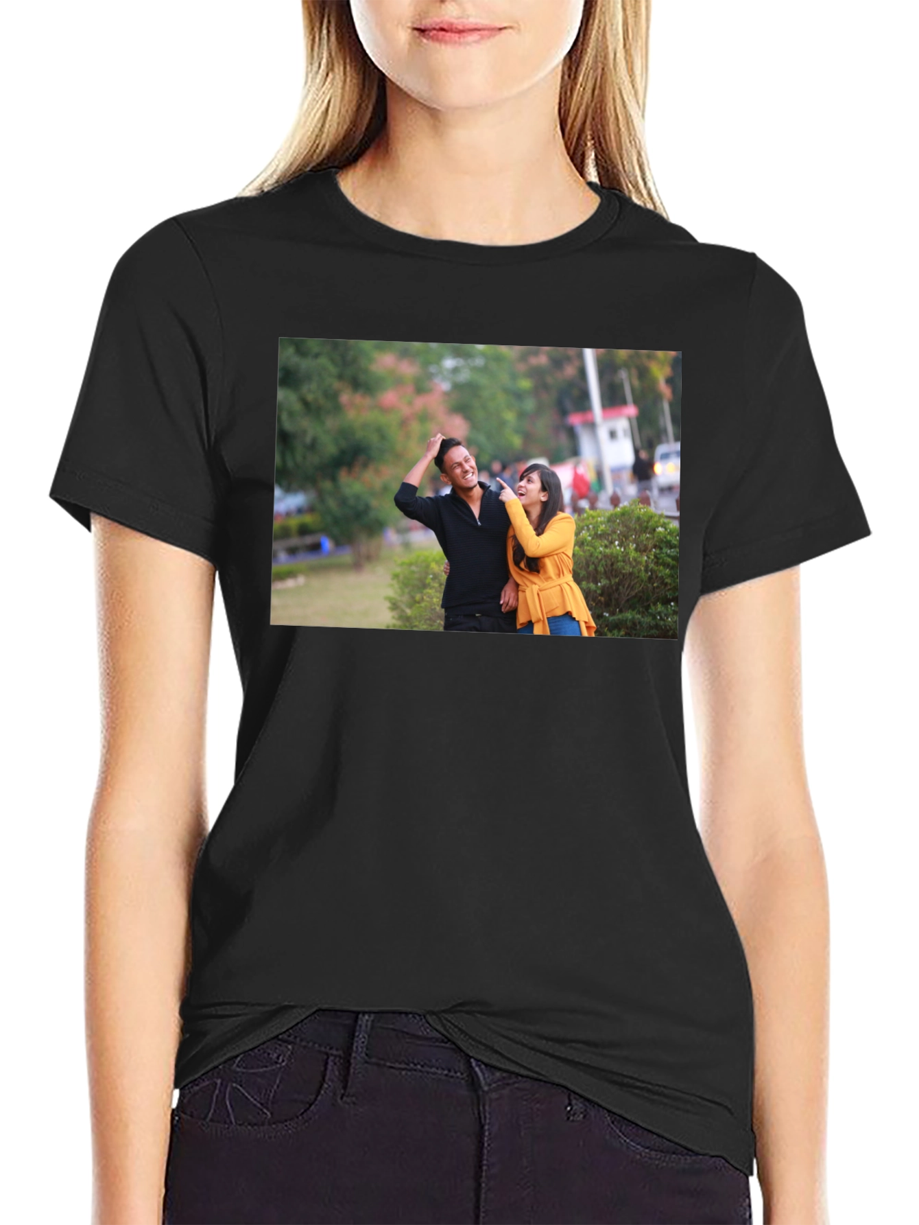 Stylish Black T-Shirt with Couple Print