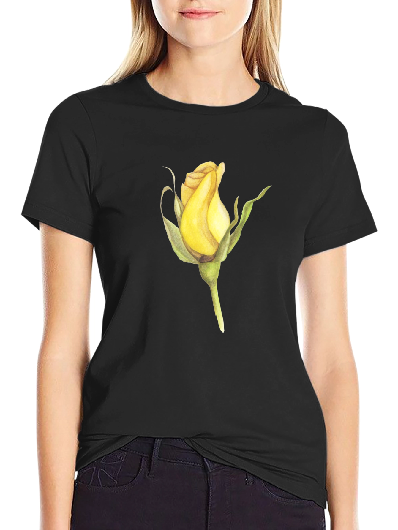 Rose Bud Graphic Black T-Shirt
