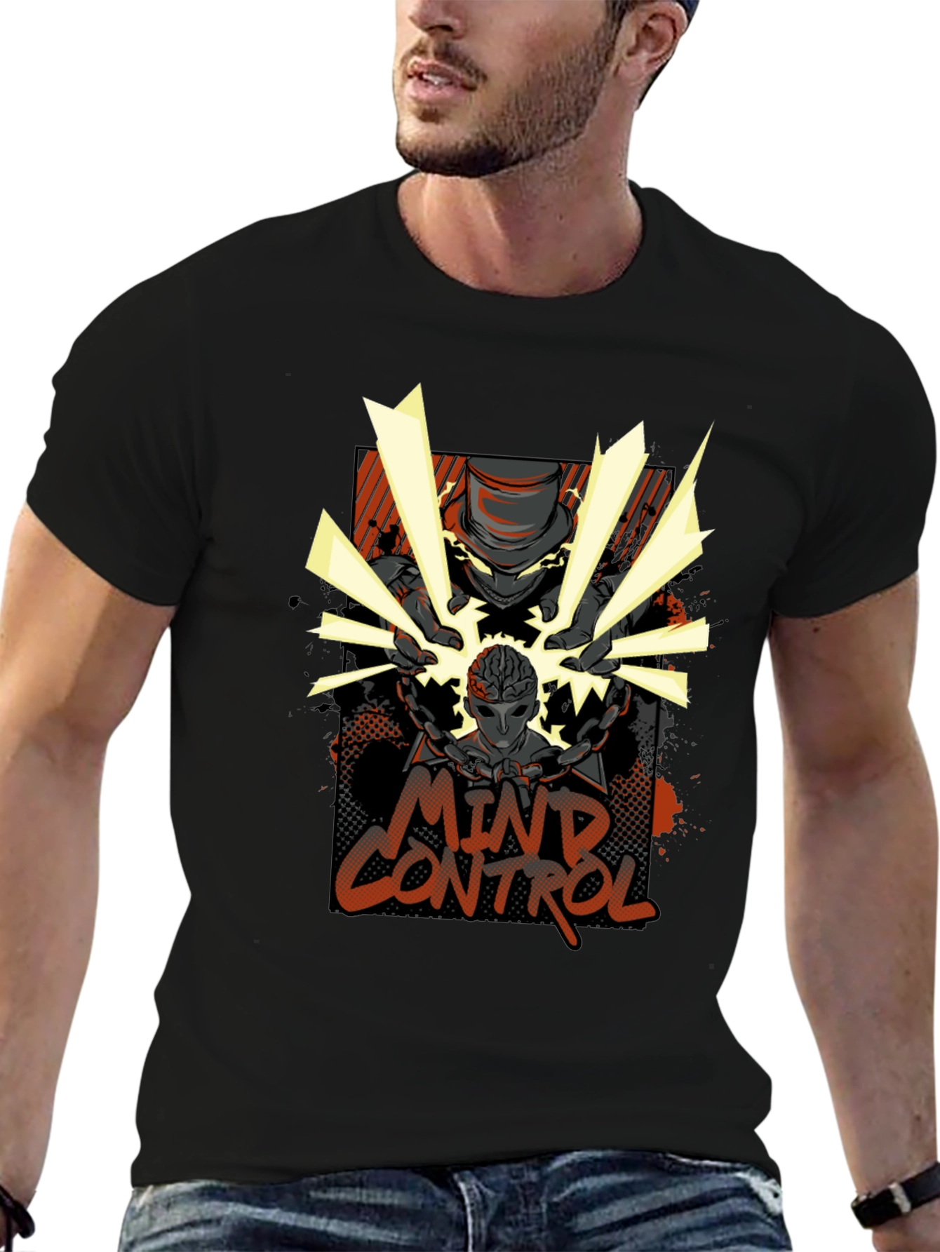 Mind Control Graphic Print Black T-Shirt