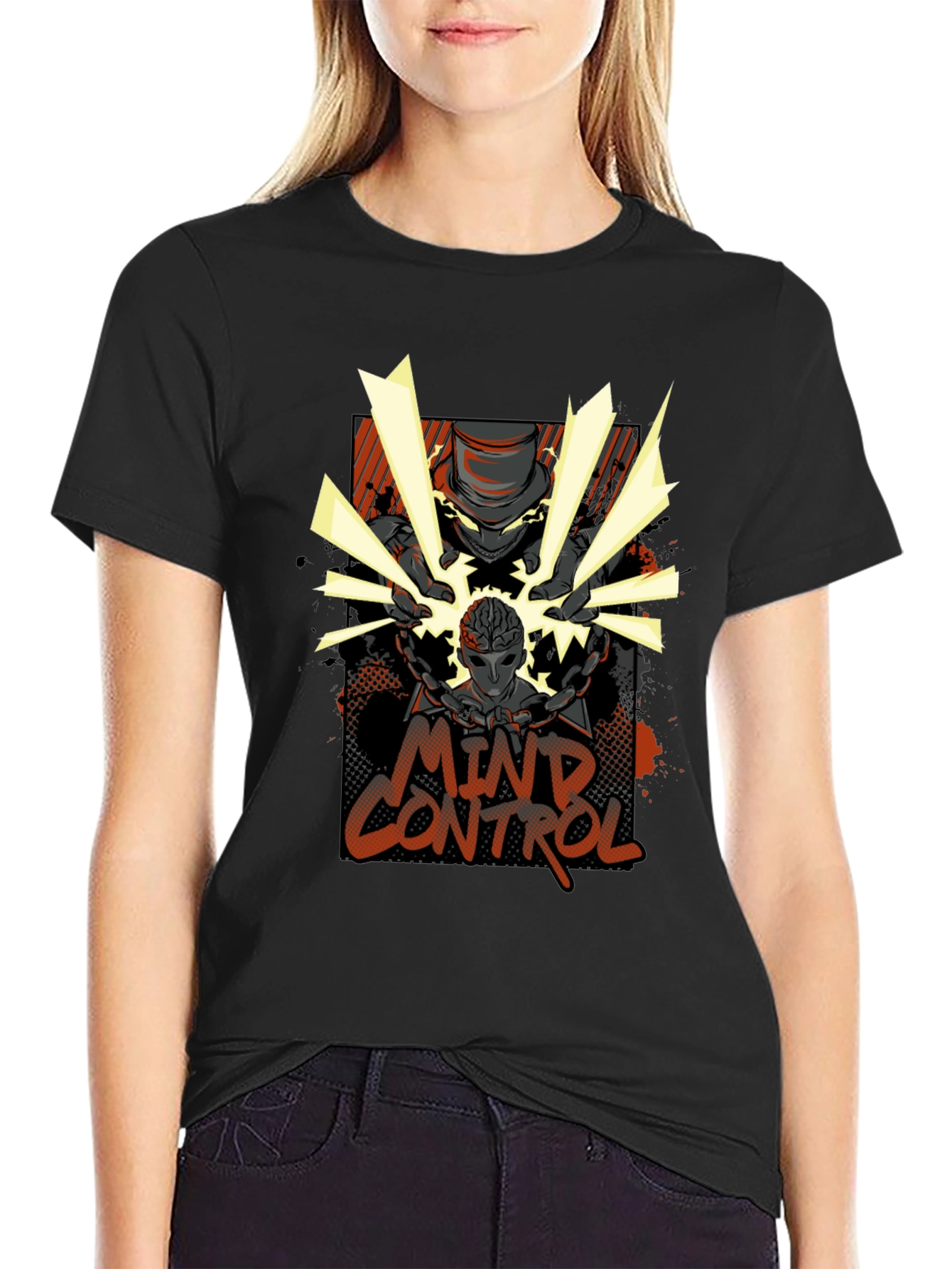 Mind Control Graphic Print Black T-Shirt