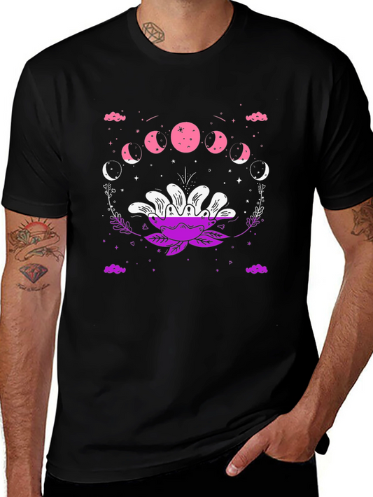 Floral Moon Phase Graphic Tee - Black Cotton Blend