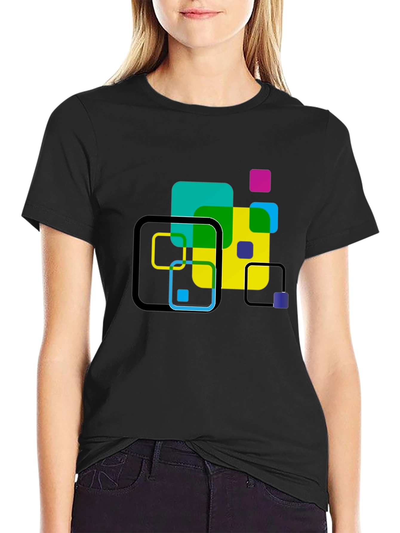 Geometric Squares Graphic T-Shirt - Black