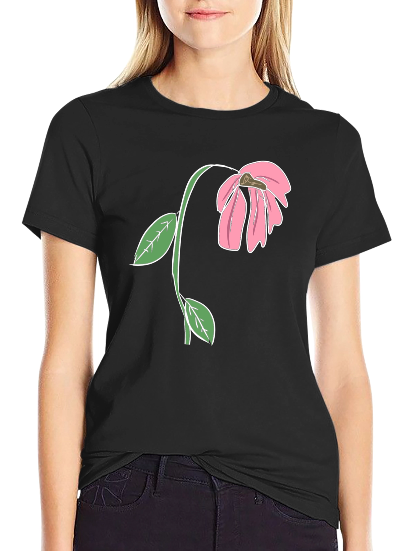 Black T-Shirt with Wilted Flower Graphic