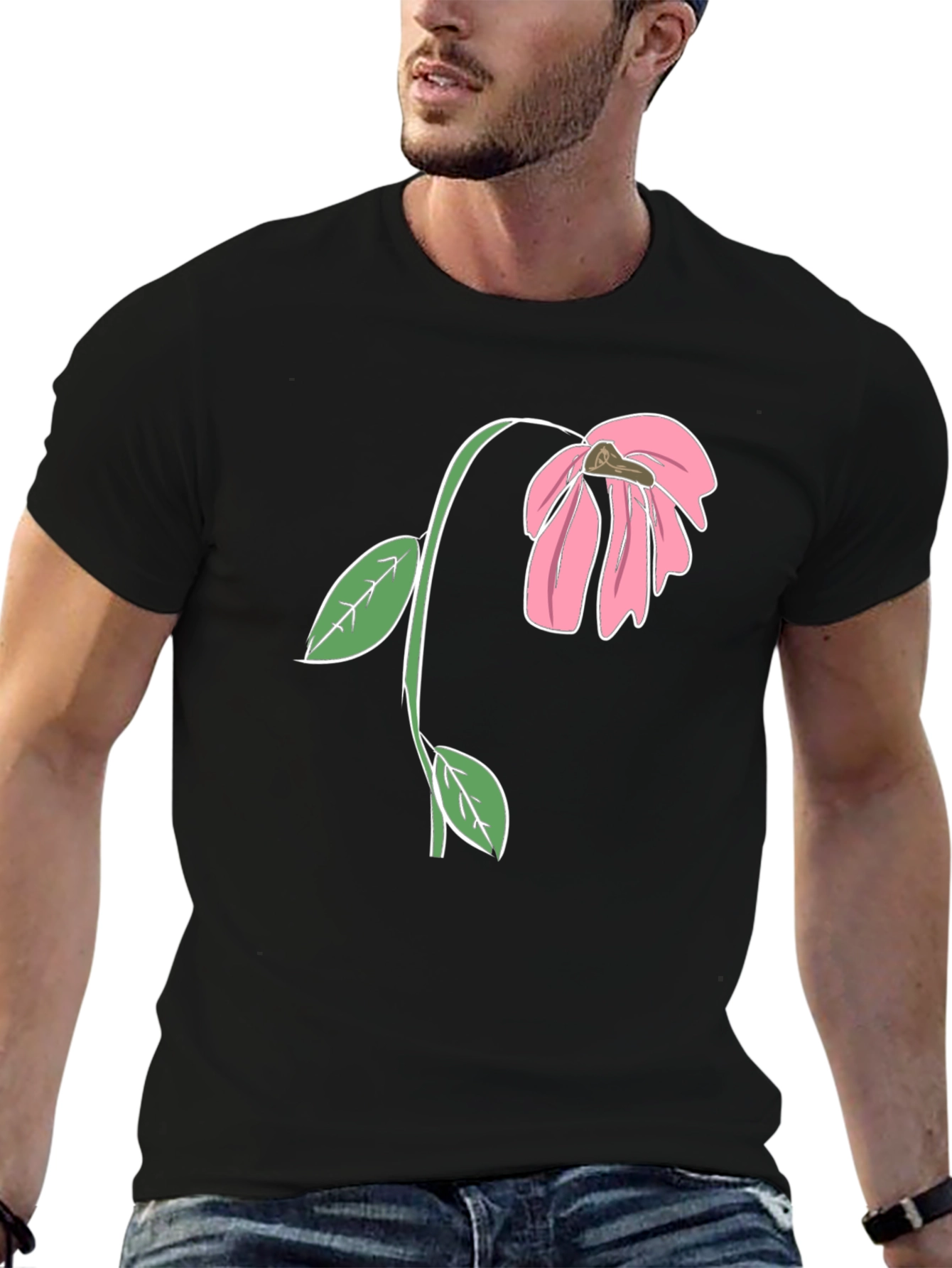 Black T-Shirt with Wilted Flower Graphic