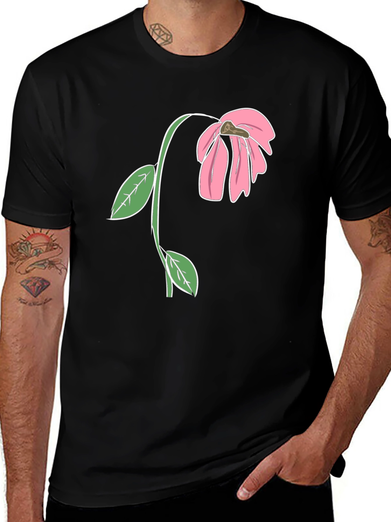 Black T-Shirt with Wilted Flower Graphic