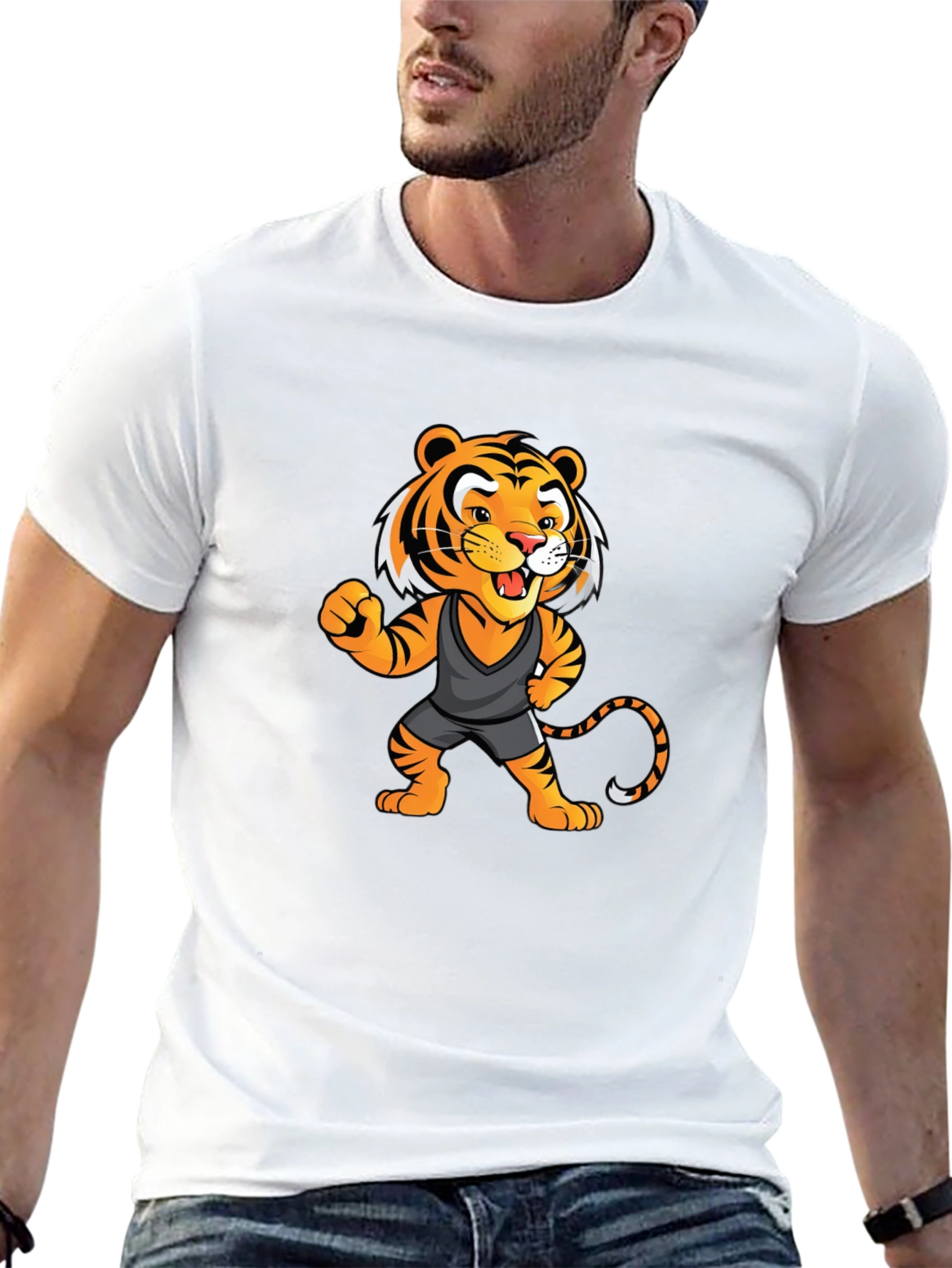 Cartoon Tiger Graphic Tee - Black Unisex T-Shirt
