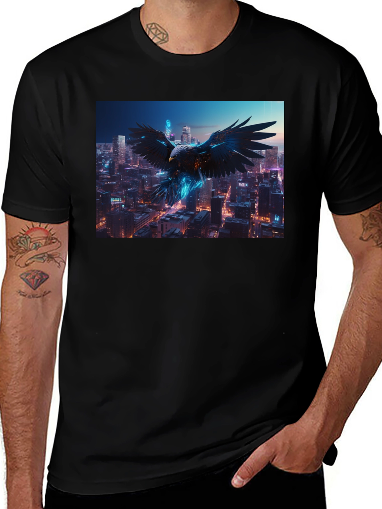 Cyberpunk Eagle Cityscape Black T-Shirt