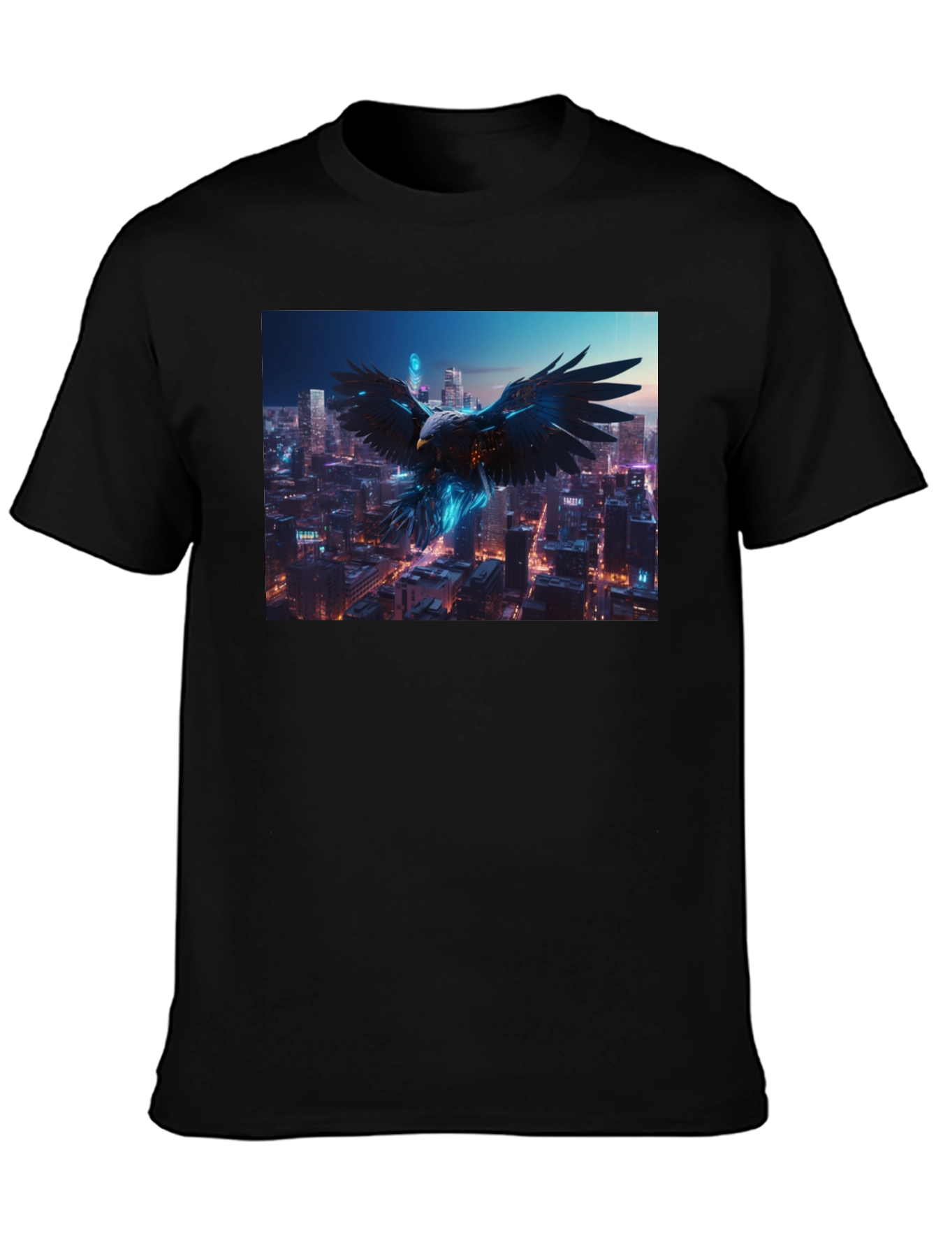 Cyberpunk Eagle Cityscape Black T-Shirt