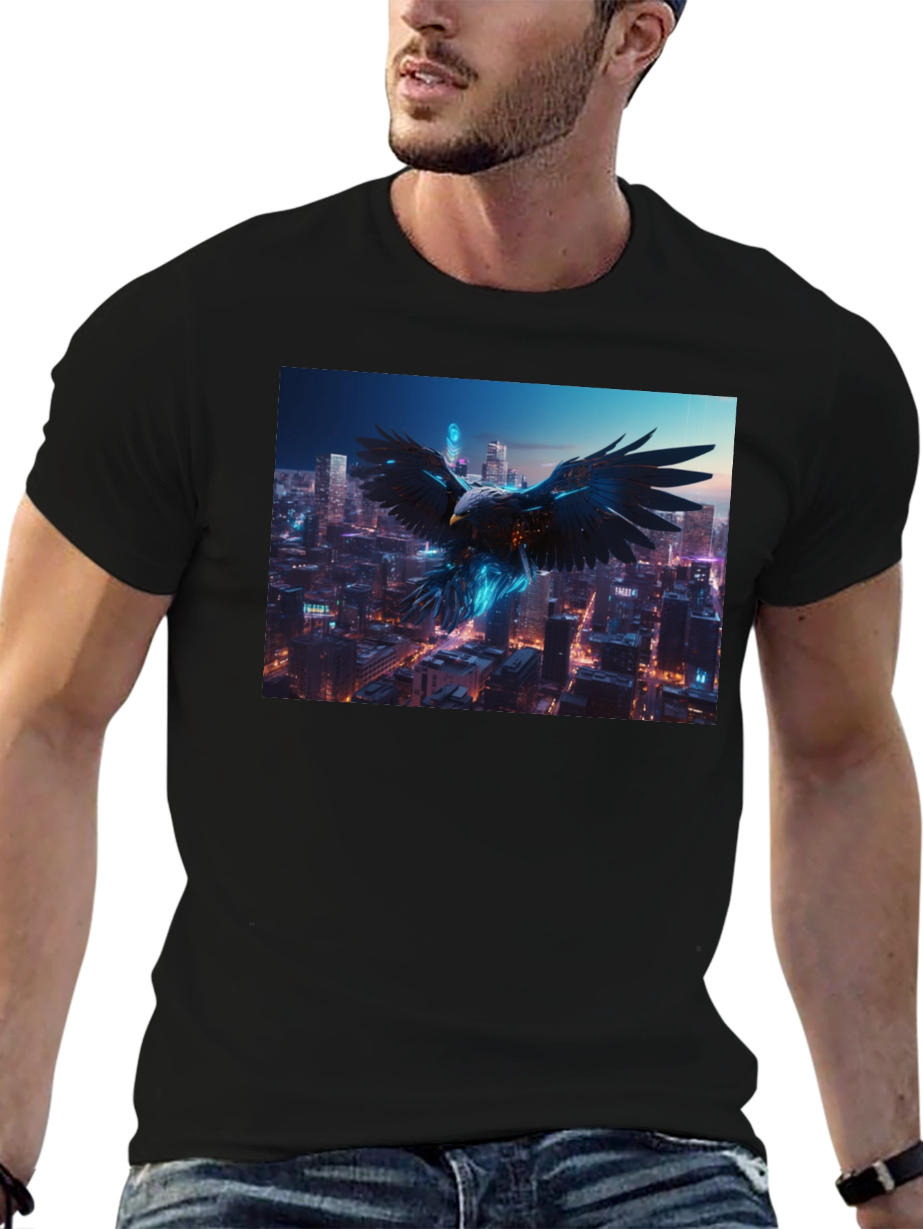 Cyberpunk Eagle Cityscape Black T-Shirt