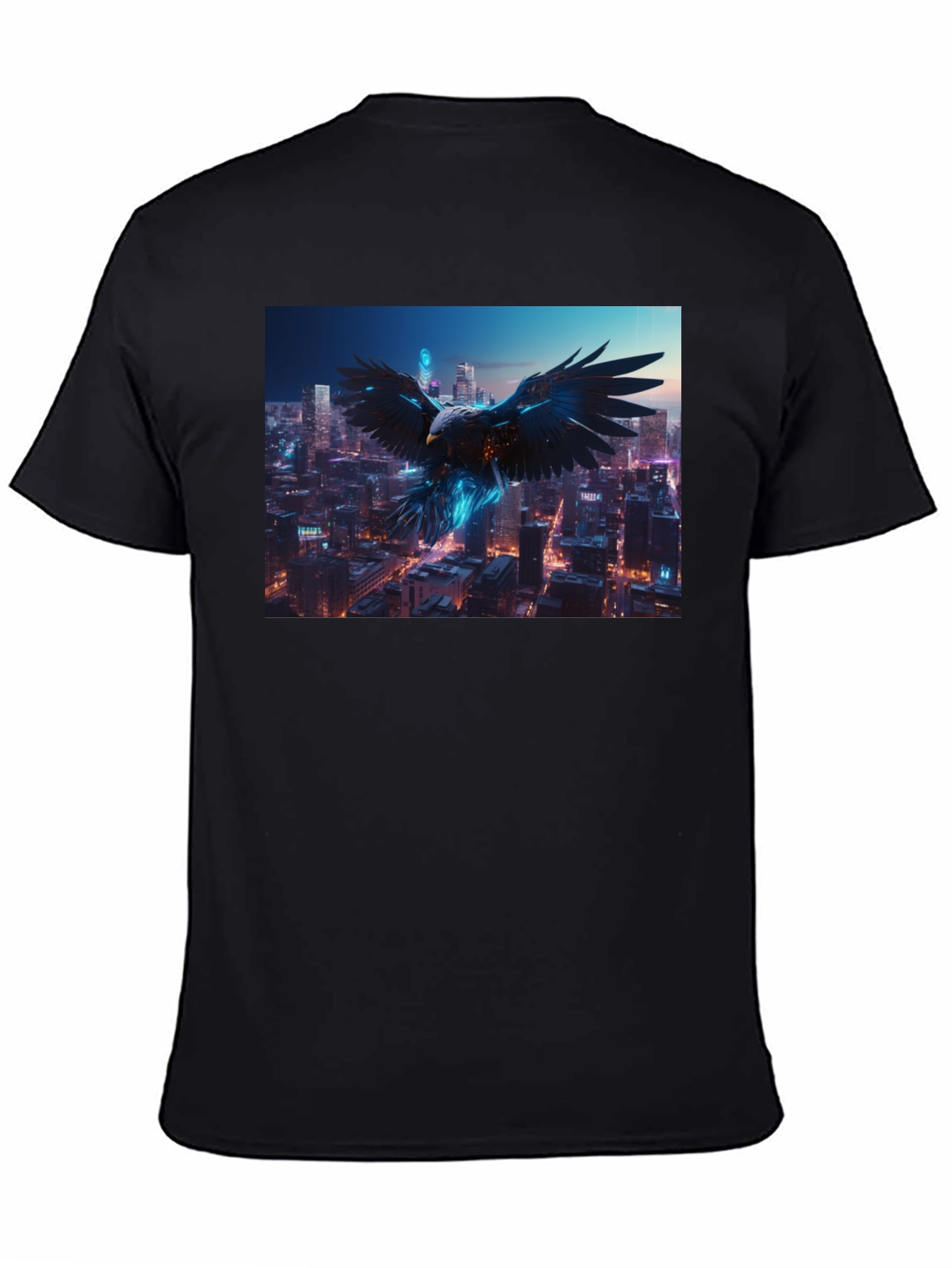 Cyberpunk Eagle Cityscape Black T-Shirt