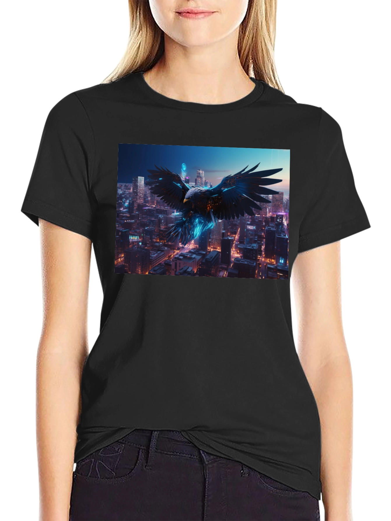 Cyberpunk Eagle Cityscape Black T-Shirt