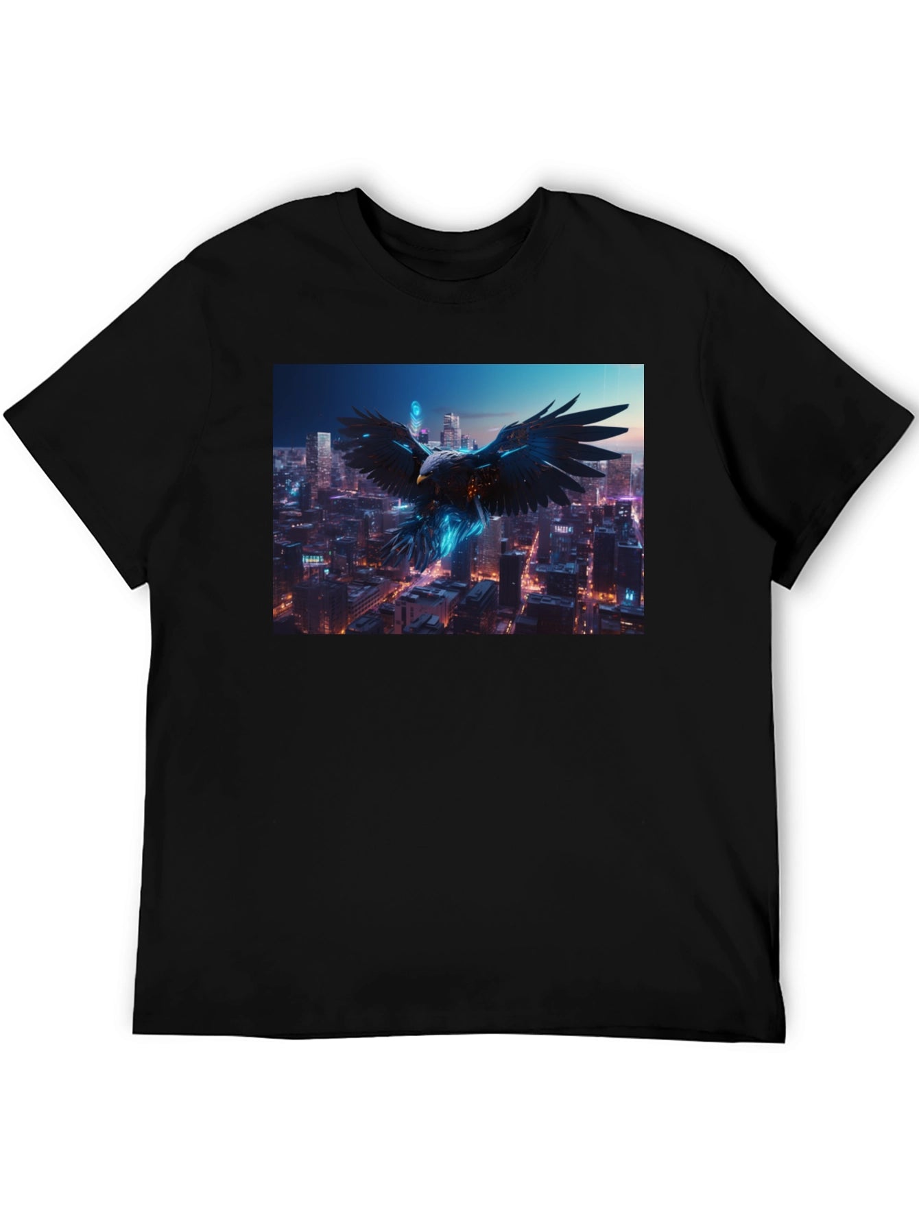 Cyberpunk Eagle Cityscape Black T-Shirt