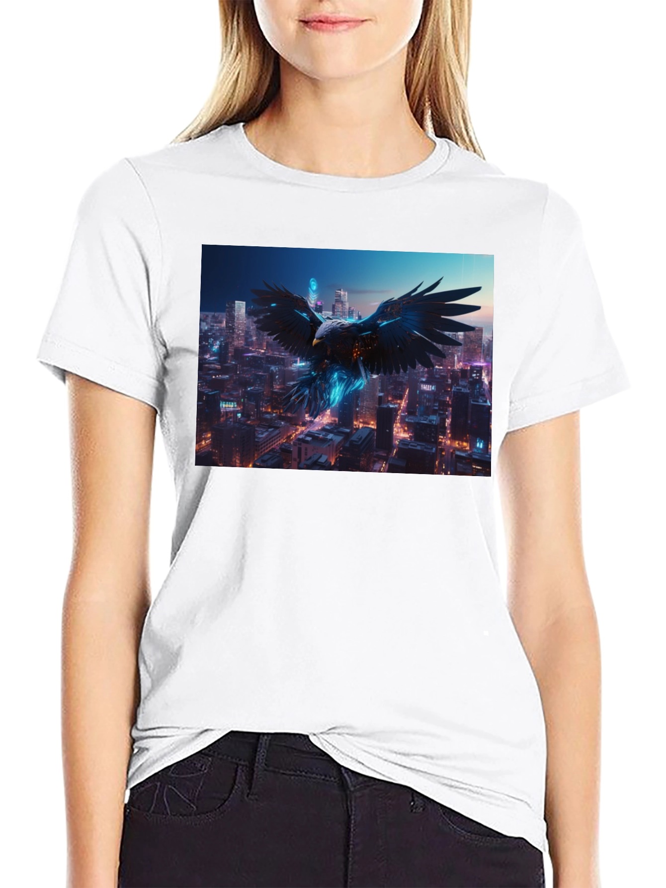 Cyberpunk Eagle Cityscape Black T-Shirt