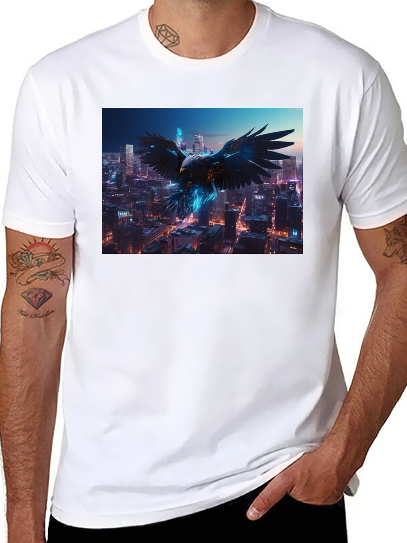 Cyberpunk Eagle Cityscape Black T-Shirt