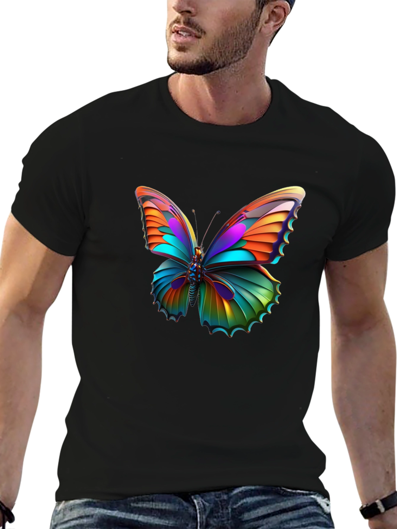 Vivid Butterfly Graphic Black T-Shirt