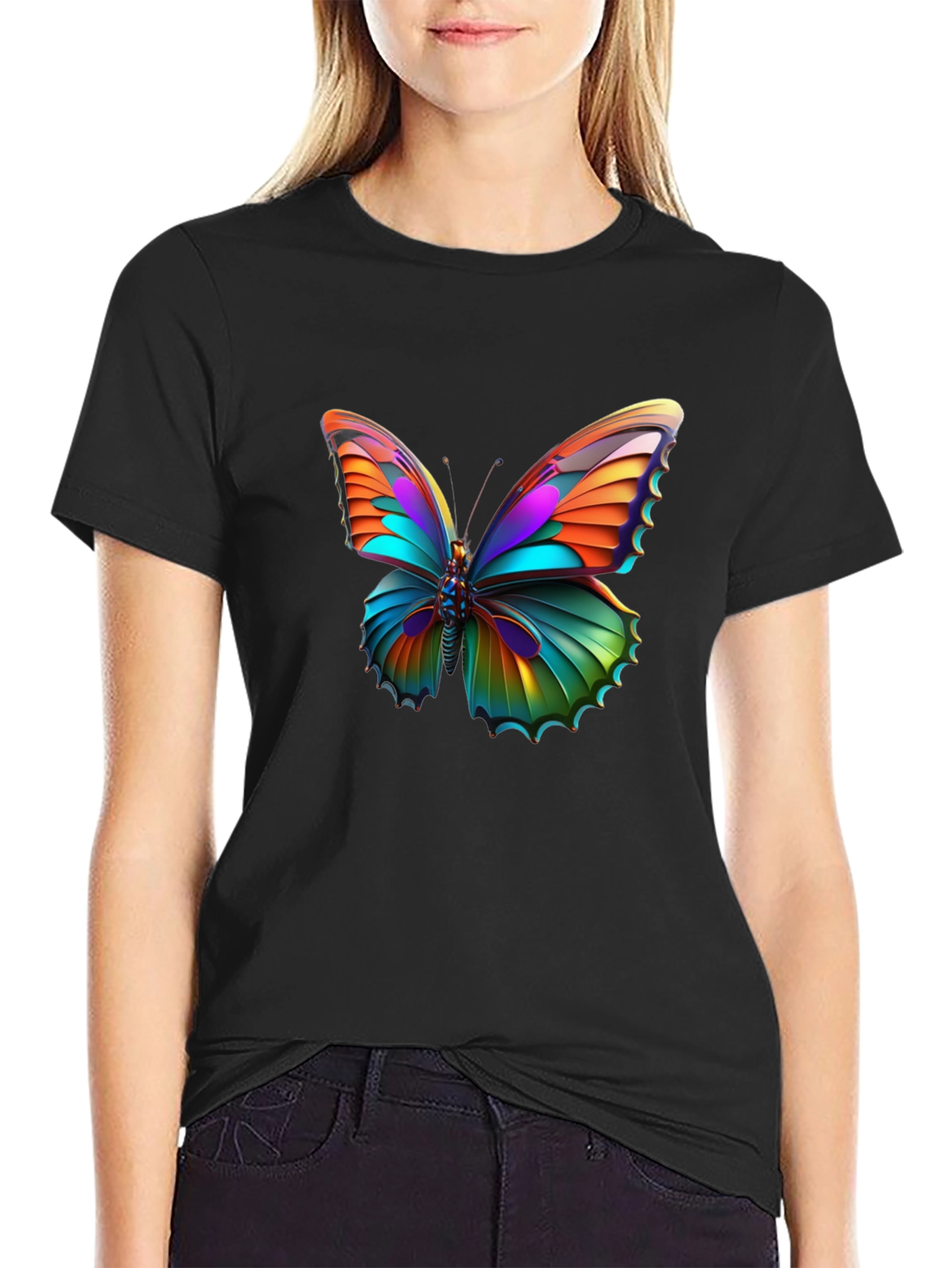 Vivid Butterfly Graphic Black T-Shirt