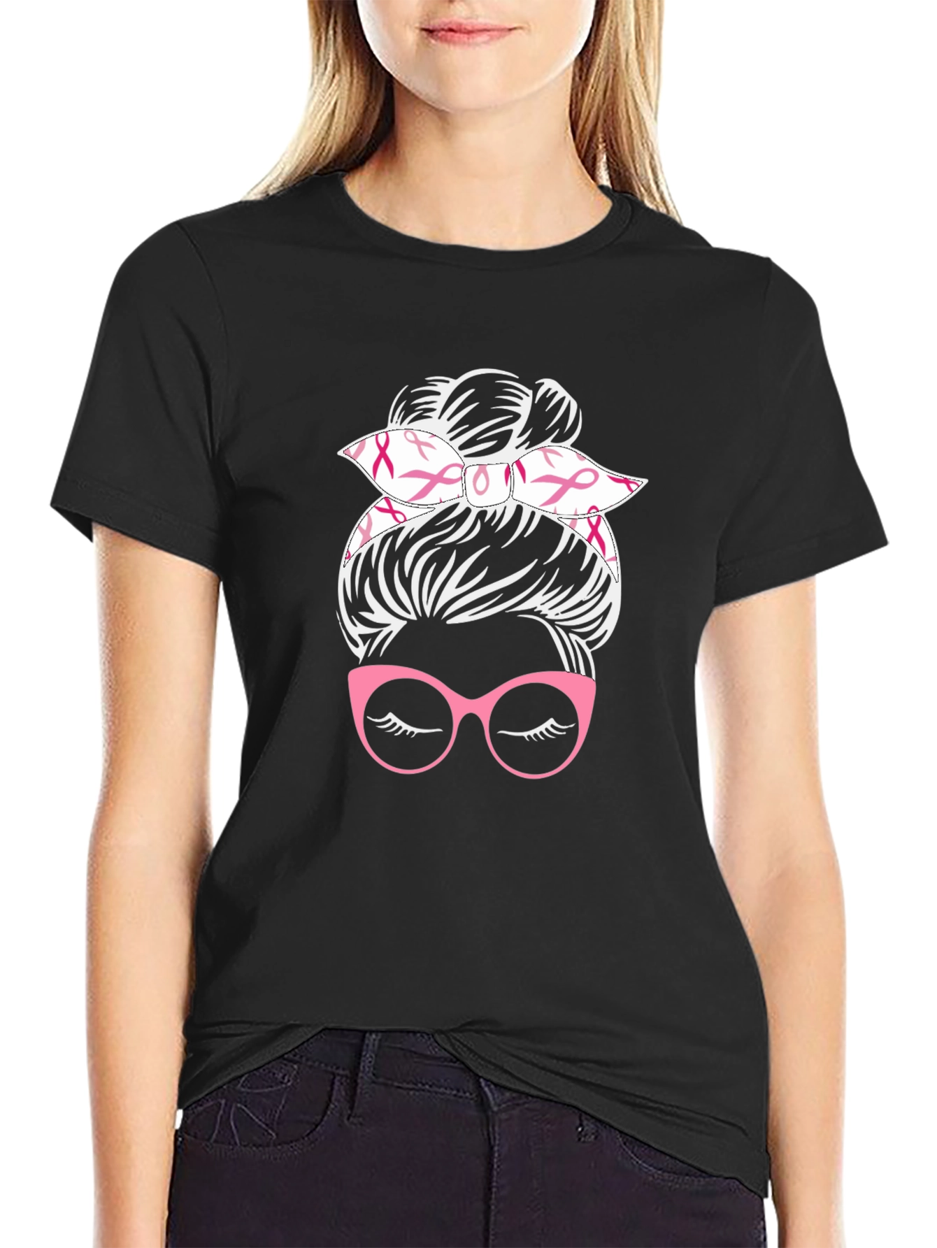 Messy Bun Breast Cancer Awareness T-Shirt