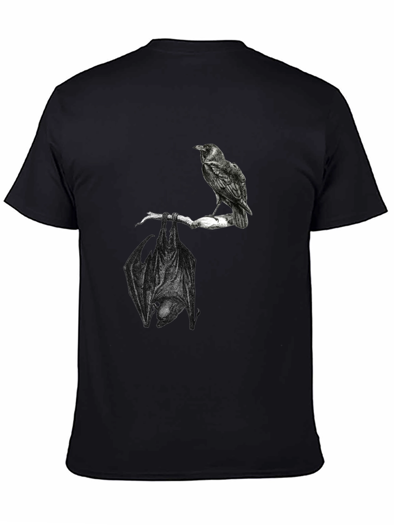 Raven and Bat Graphic Tee - Black Cotton T-Shirt