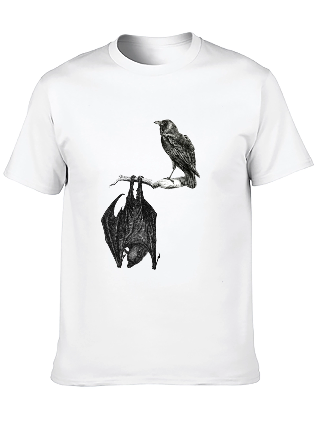 Raven and Bat Graphic Tee - Black Cotton T-Shirt