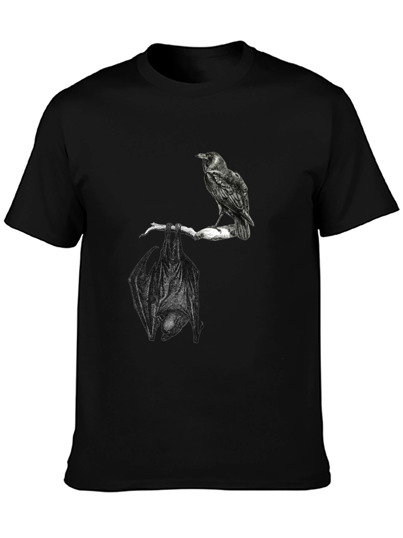 Raven and Bat Graphic Tee - Black Cotton T-Shirt