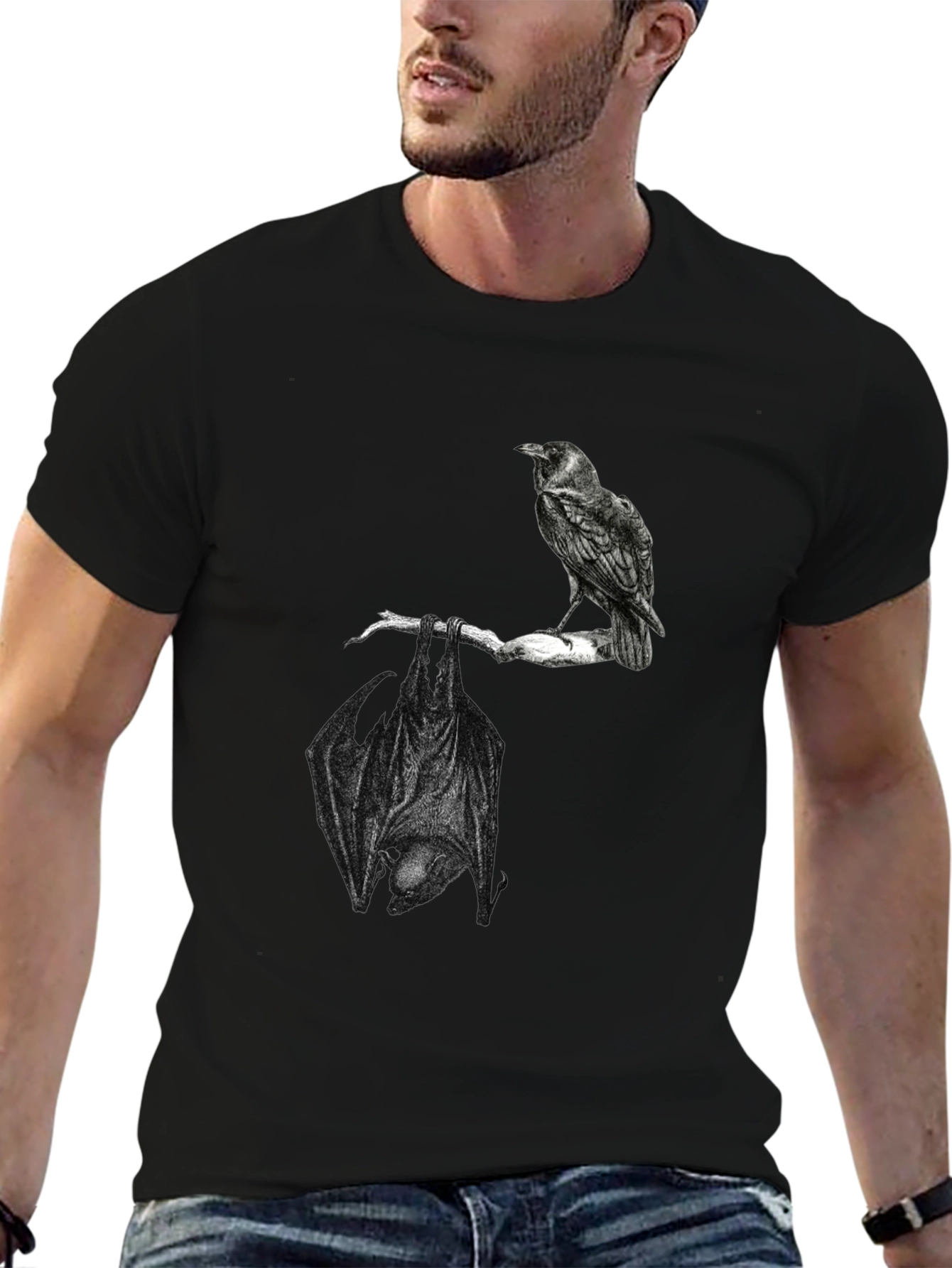 Raven and Bat Graphic Tee - Black Cotton T-Shirt