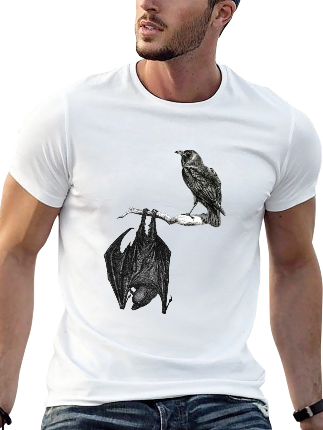Raven and Bat Graphic Tee - Black Cotton T-Shirt
