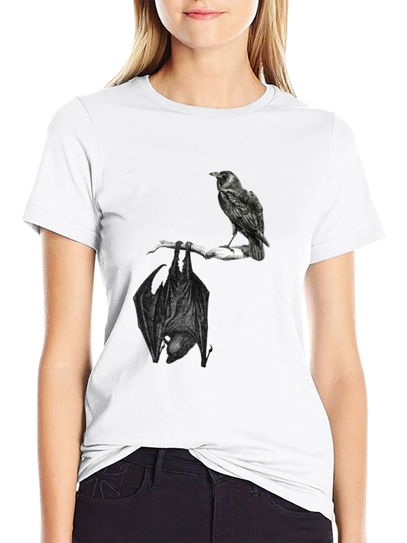 Raven and Bat Graphic Tee - Black Cotton T-Shirt