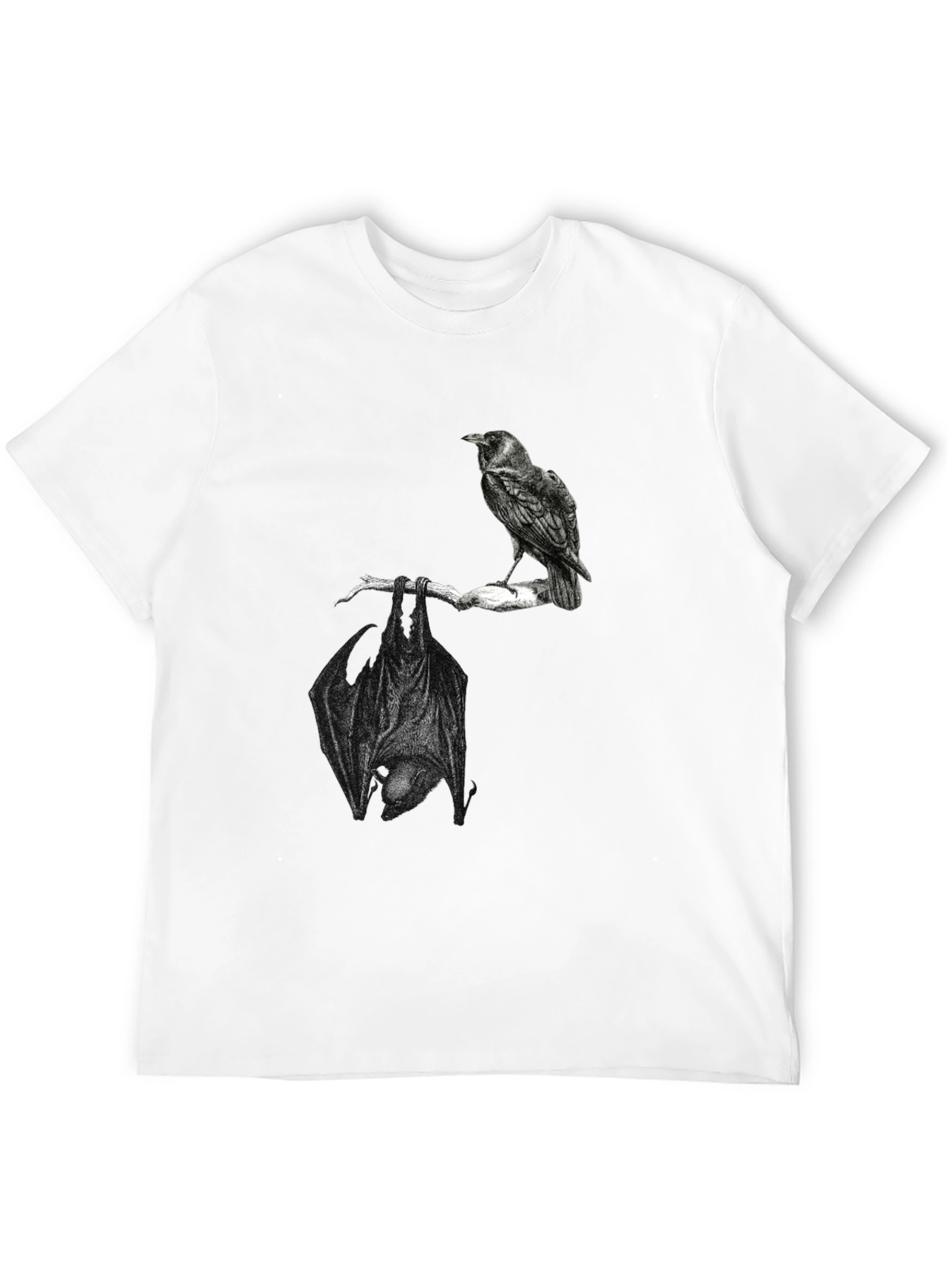 Raven and Bat Graphic Tee - Black Cotton T-Shirt