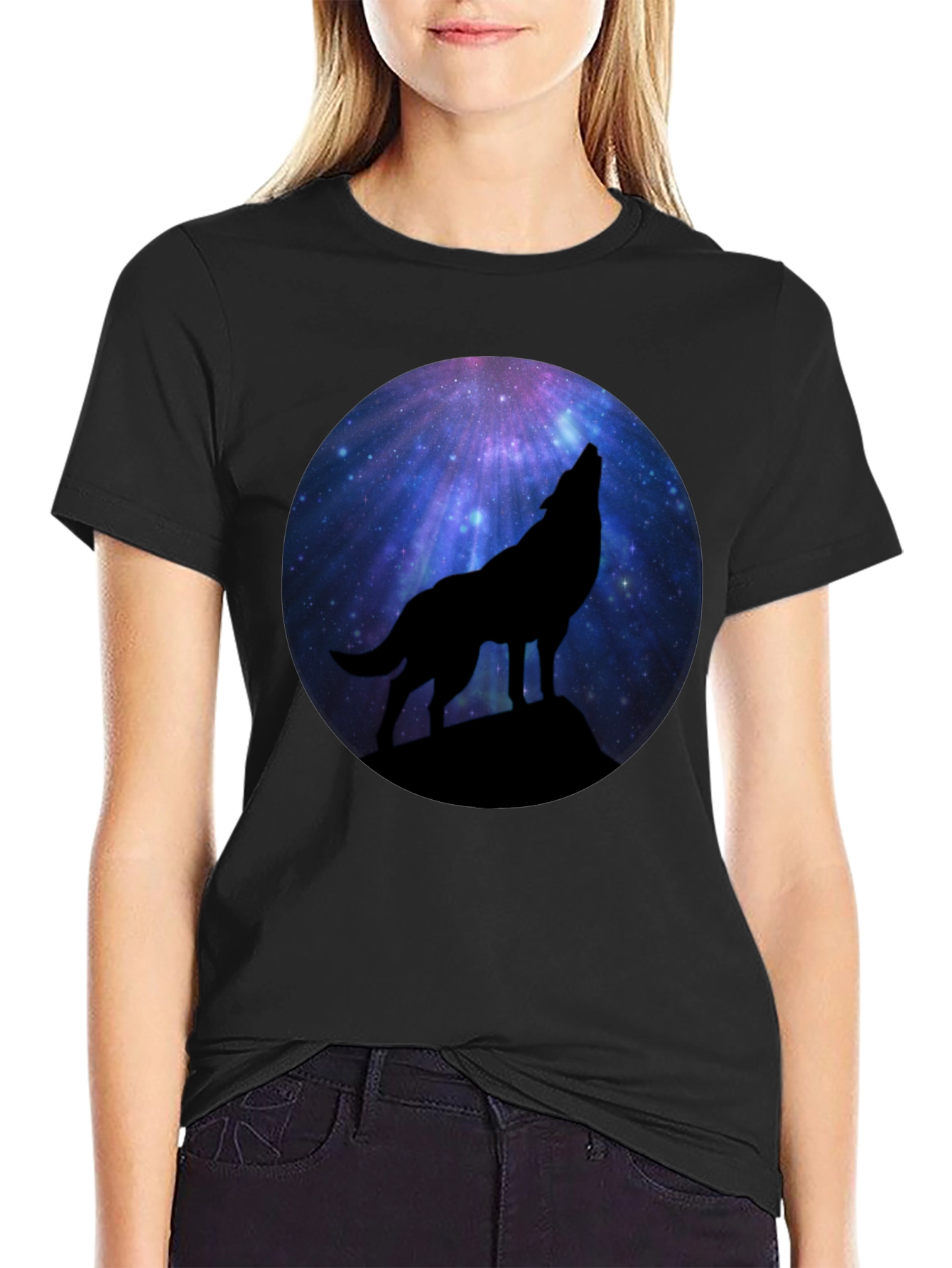 Wolf Howling at Galaxy Moon Mens Black T-Shirt