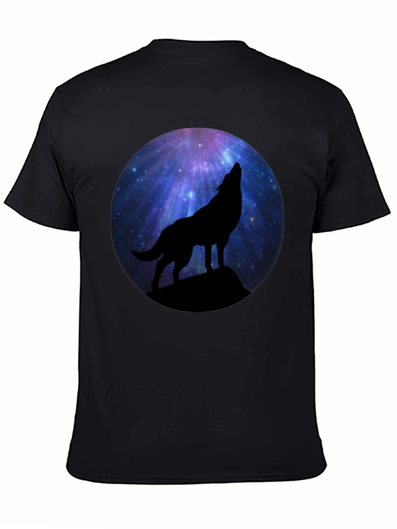 Wolf Howling at Galaxy Moon Mens Black T-Shirt