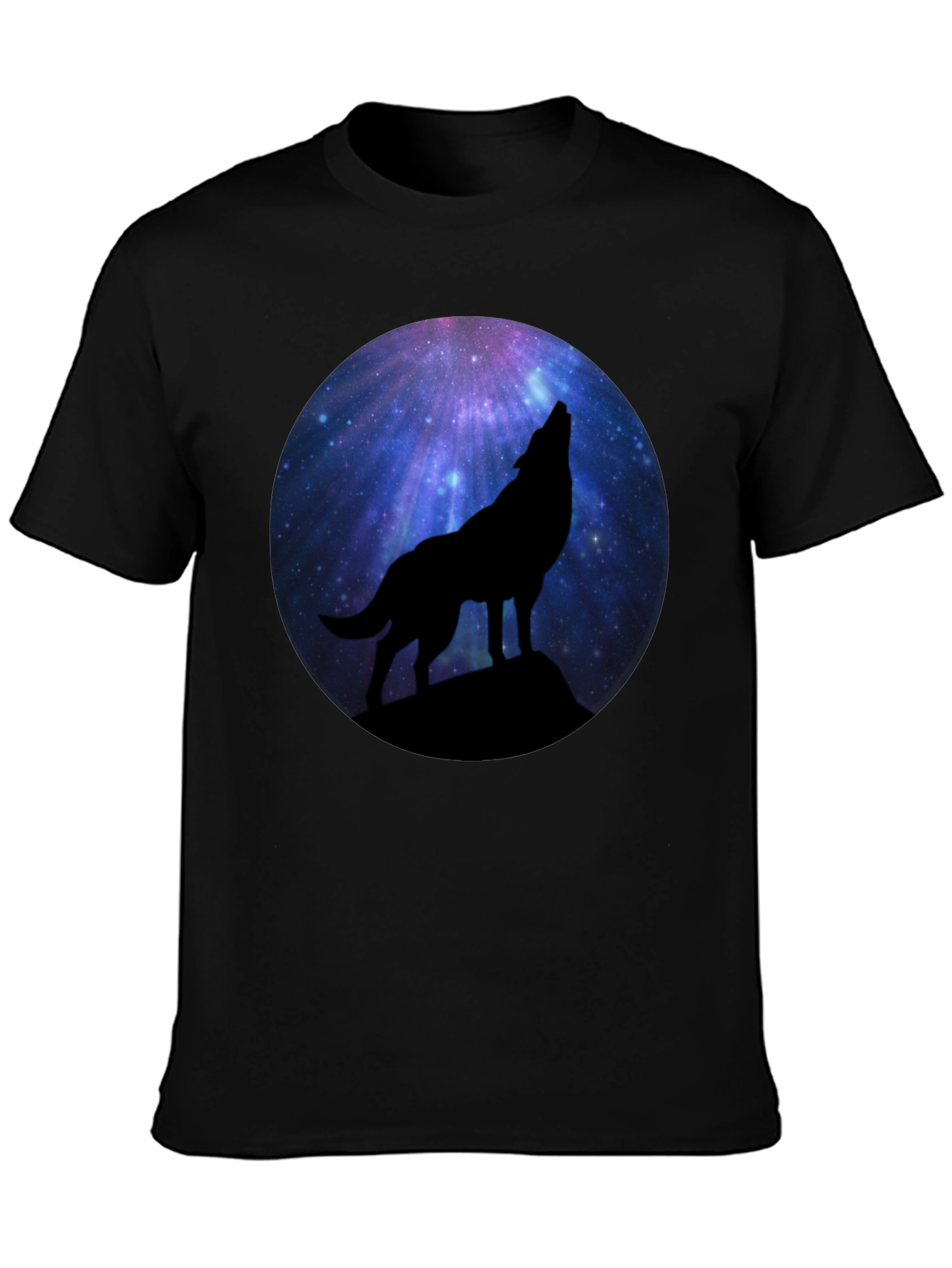 Wolf Howling at Galaxy Moon Mens Black T-Shirt