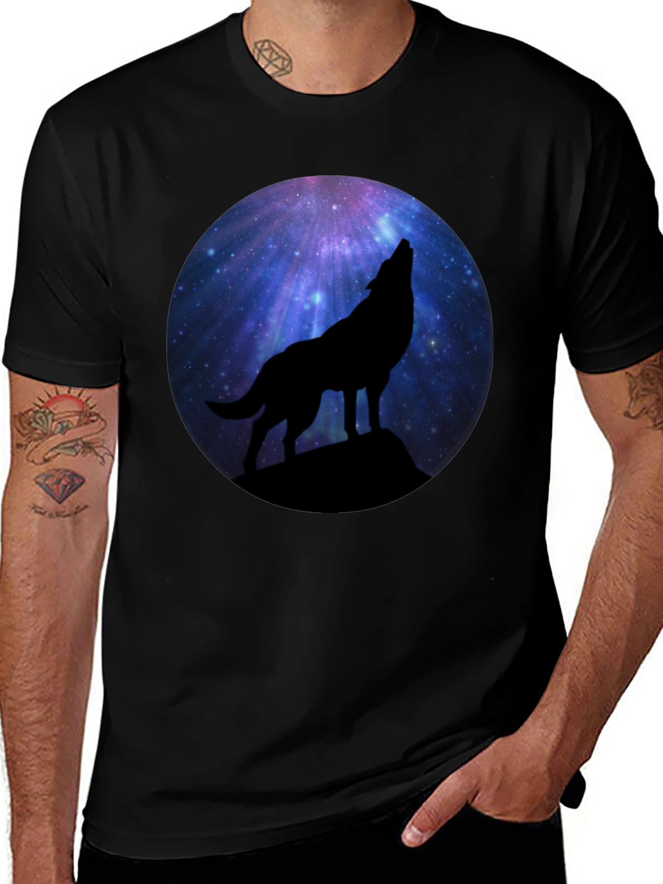 Wolf Howling at Galaxy Moon Mens Black T-Shirt