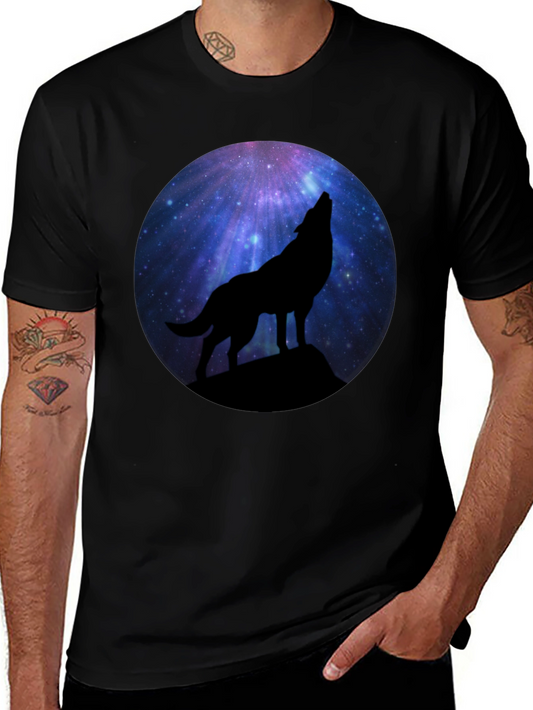 Wolf Howling at Galaxy Moon Mens Black T-Shirt
