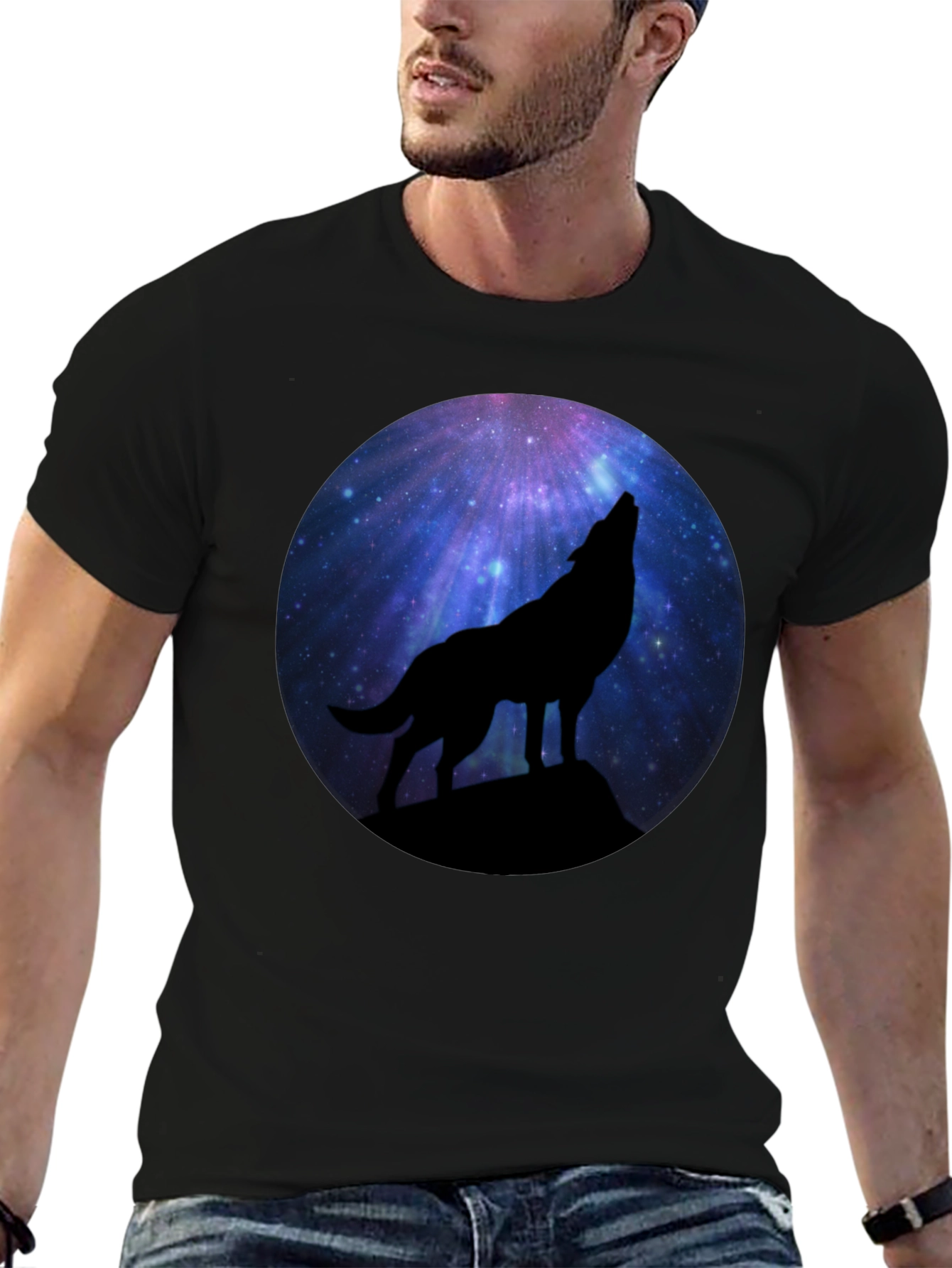 Wolf Howling at Galaxy Moon Mens Black T-Shirt