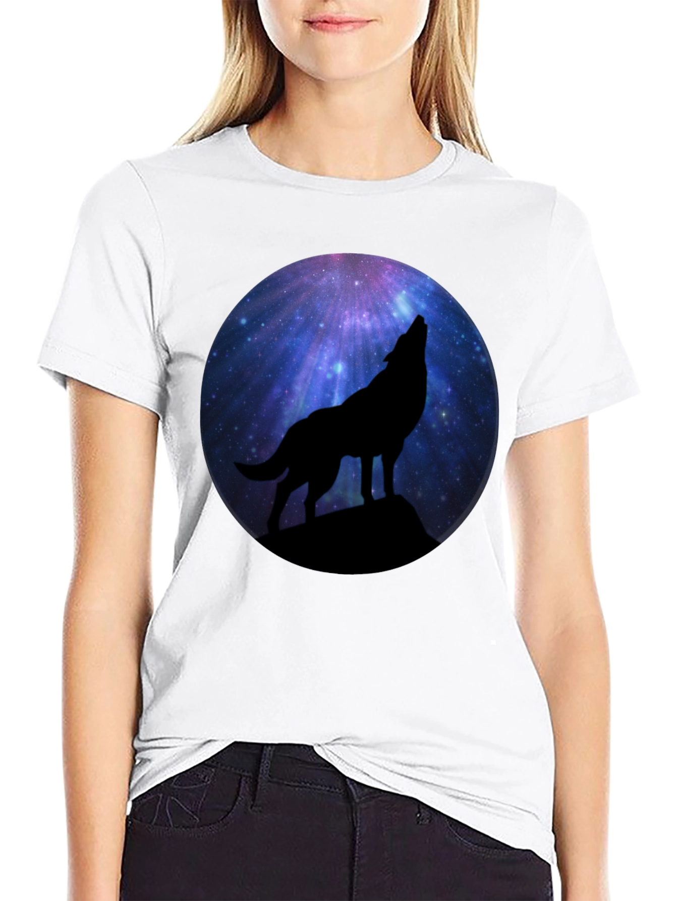Wolf Howling at Galaxy Moon Mens Black T-Shirt