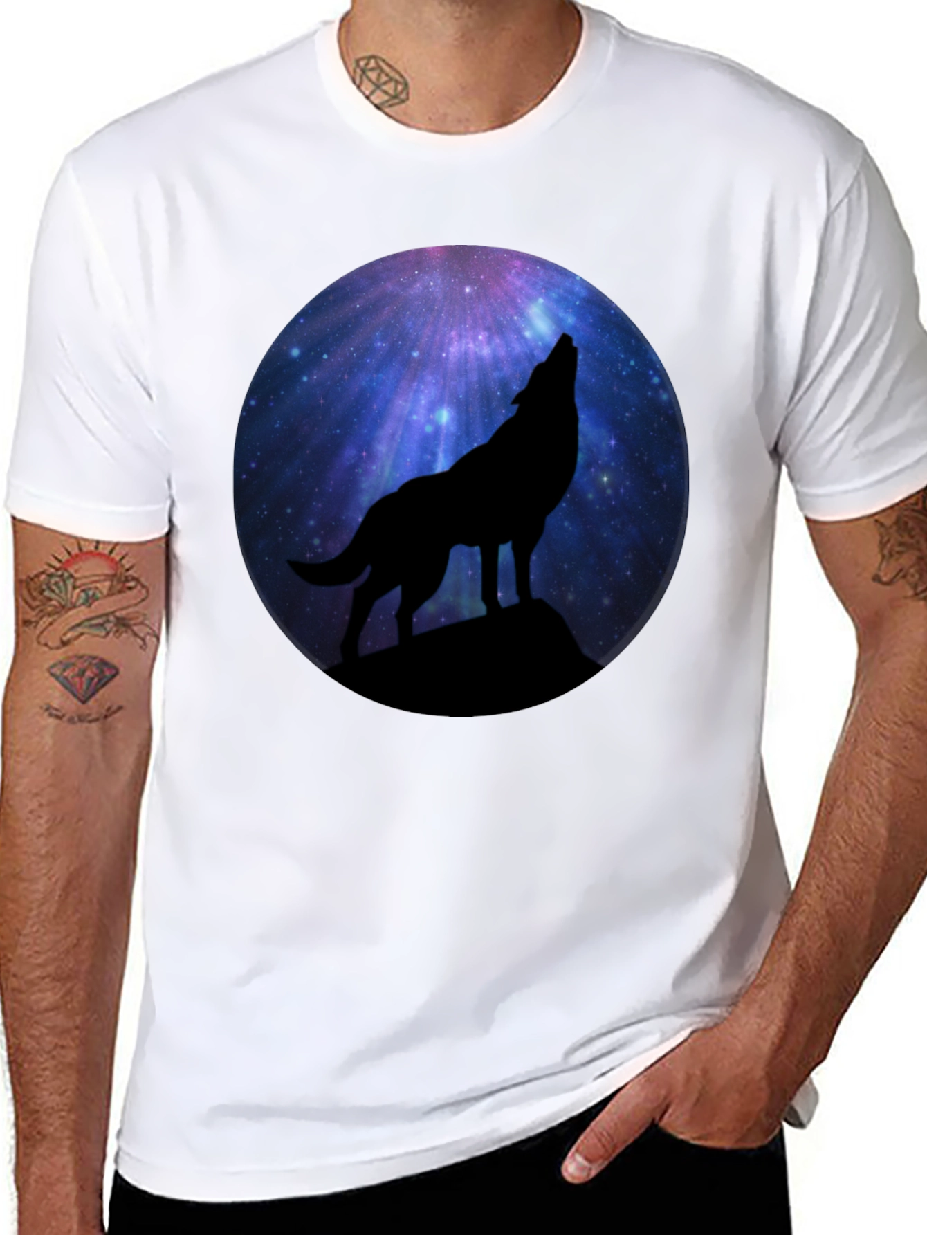 Wolf Howling at Galaxy Moon Mens Black T-Shirt