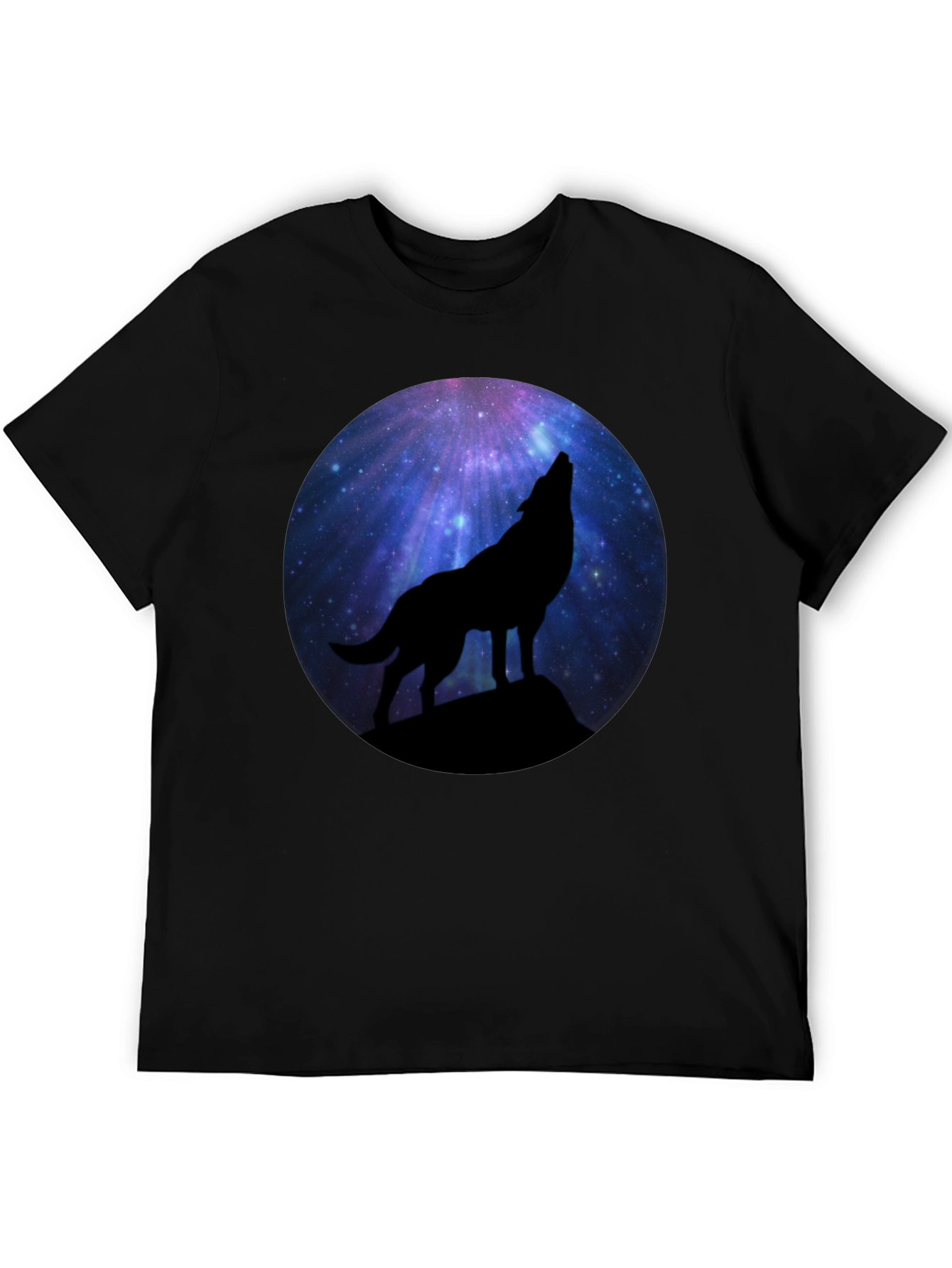 Wolf Howling at Galaxy Moon Mens Black T-Shirt