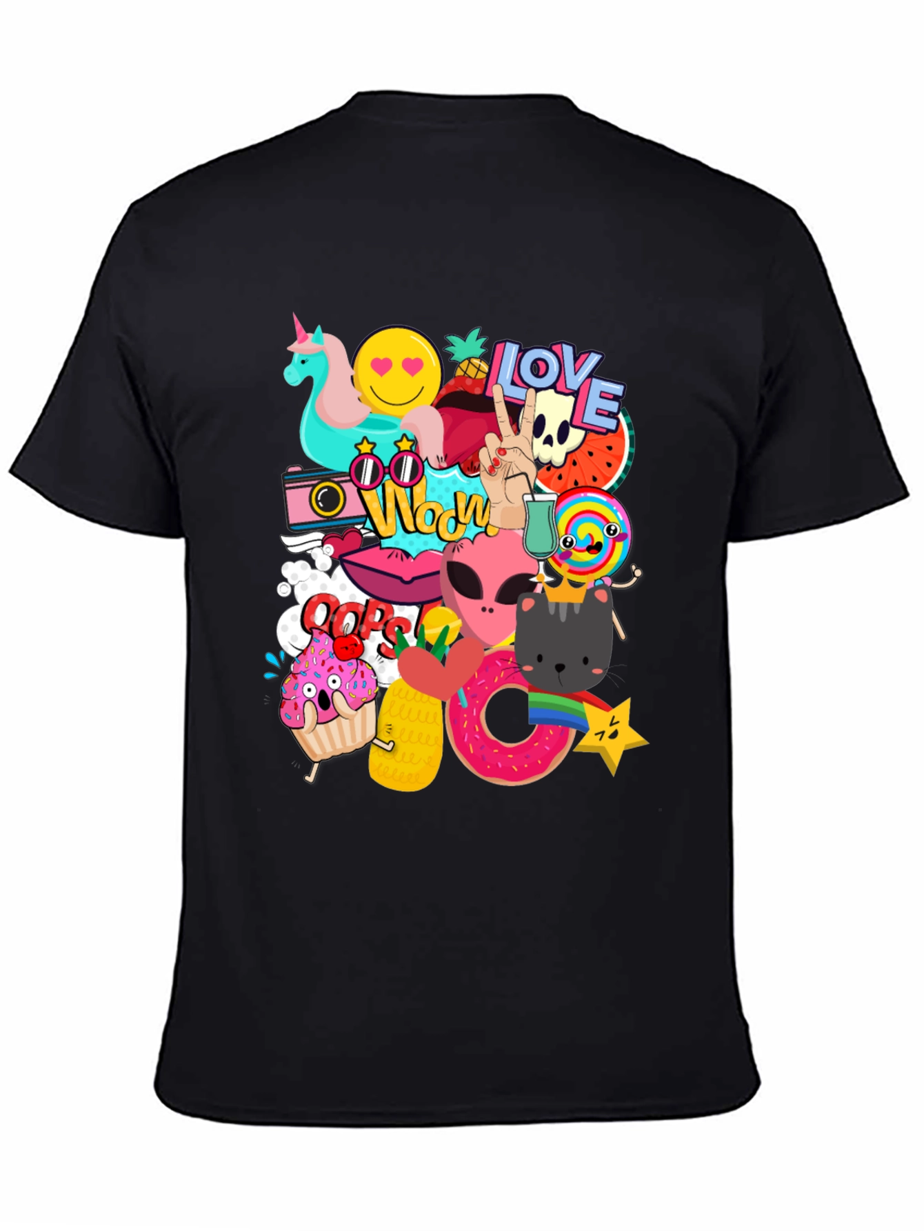 Funky Graphic Tee: Cartoon Sticker Bomb Design