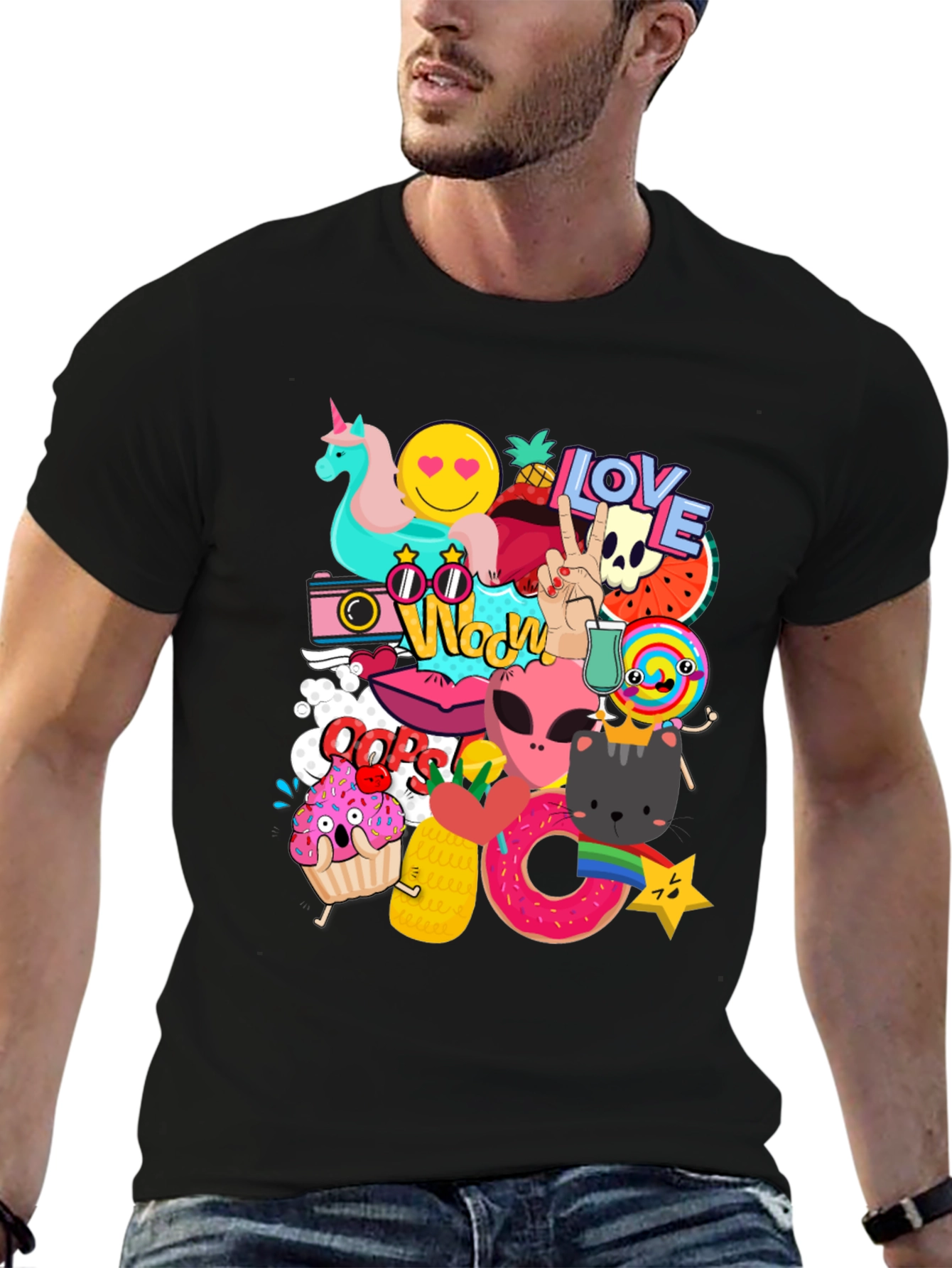 Funky Graphic Tee: Cartoon Sticker Bomb Design