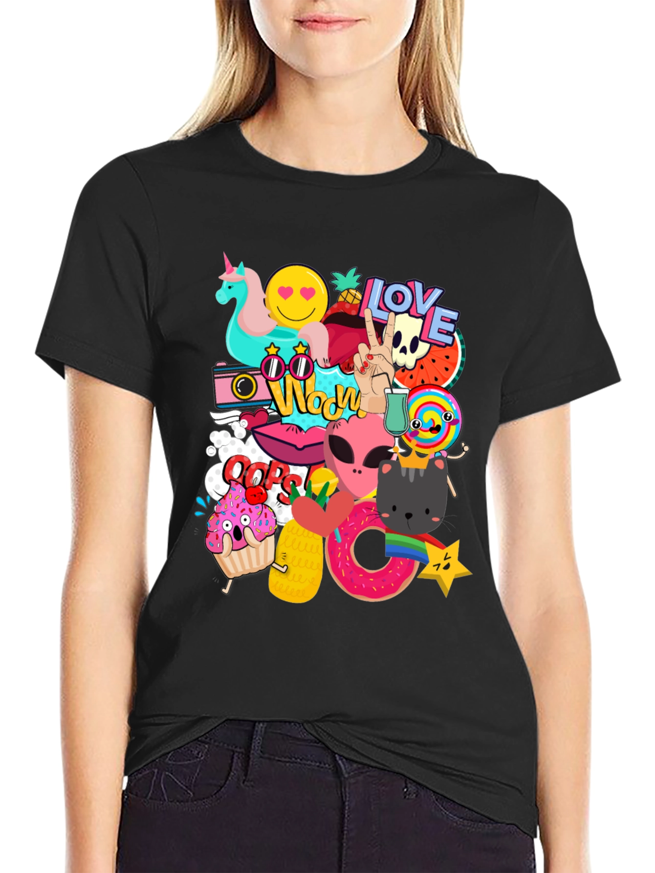 Funky Graphic Tee: Cartoon Sticker Bomb Design