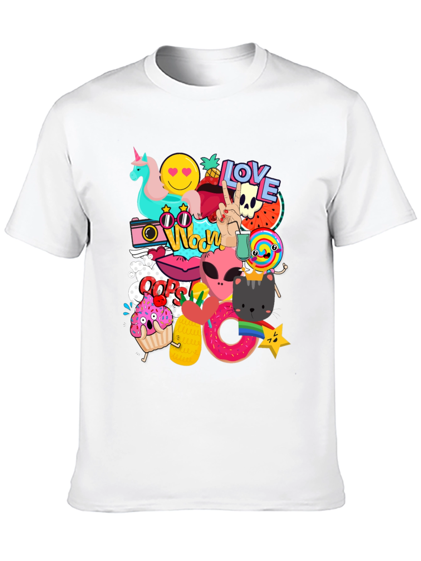 Funky Graphic Tee: Cartoon Sticker Bomb Design