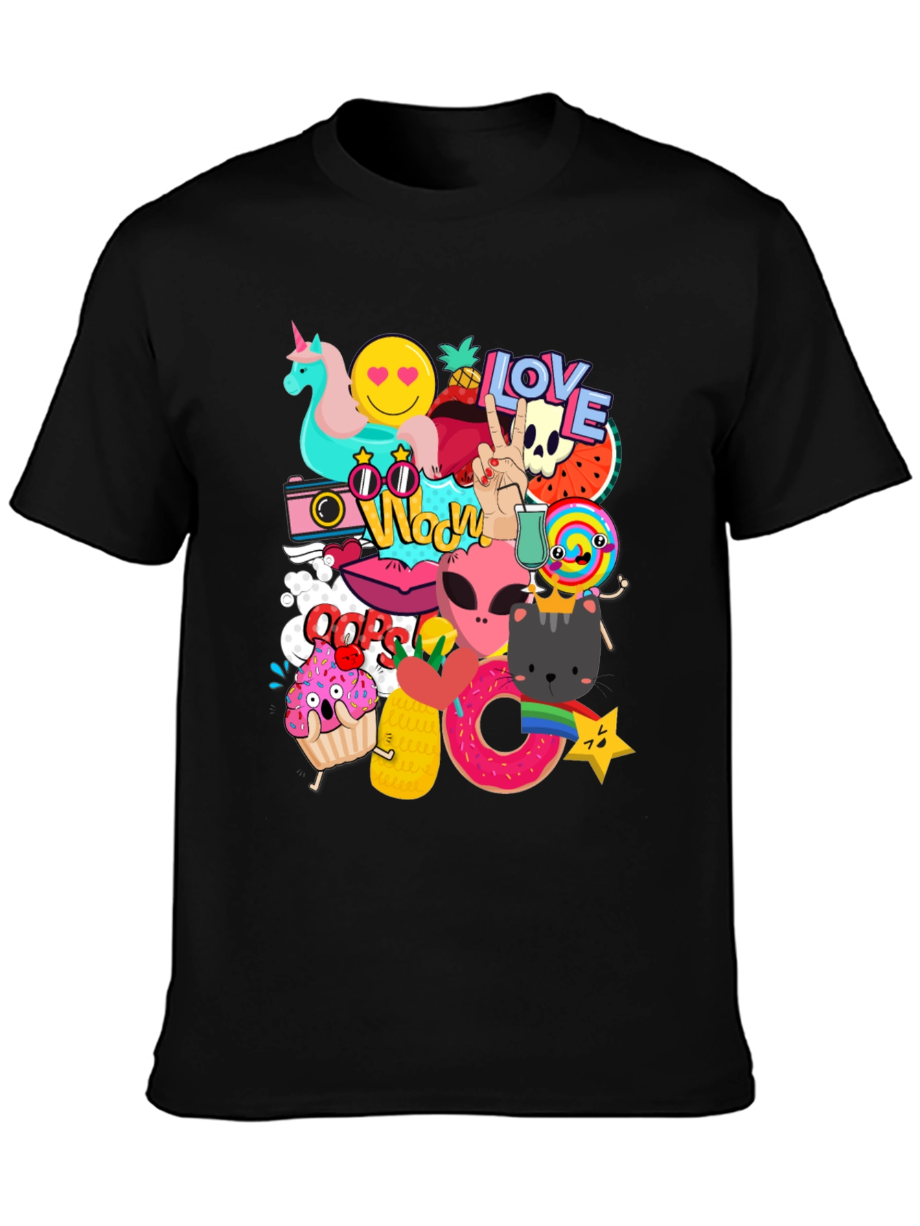 Funky Graphic Tee: Cartoon Sticker Bomb Design