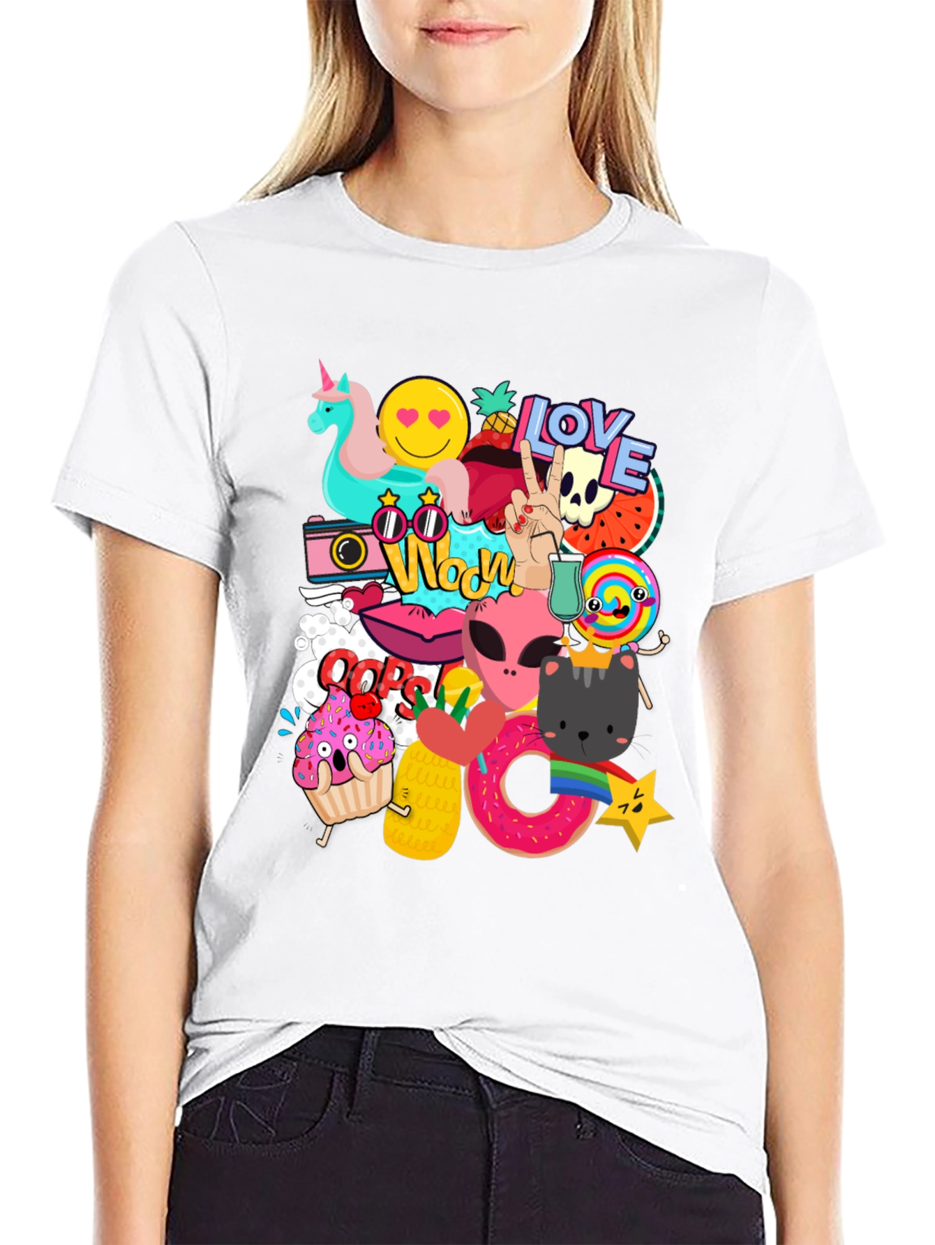 Funky Graphic Tee: Cartoon Sticker Bomb Design