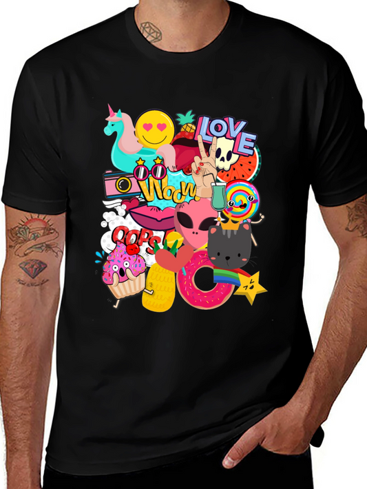 Funky Graphic Tee: Cartoon Sticker Bomb Design