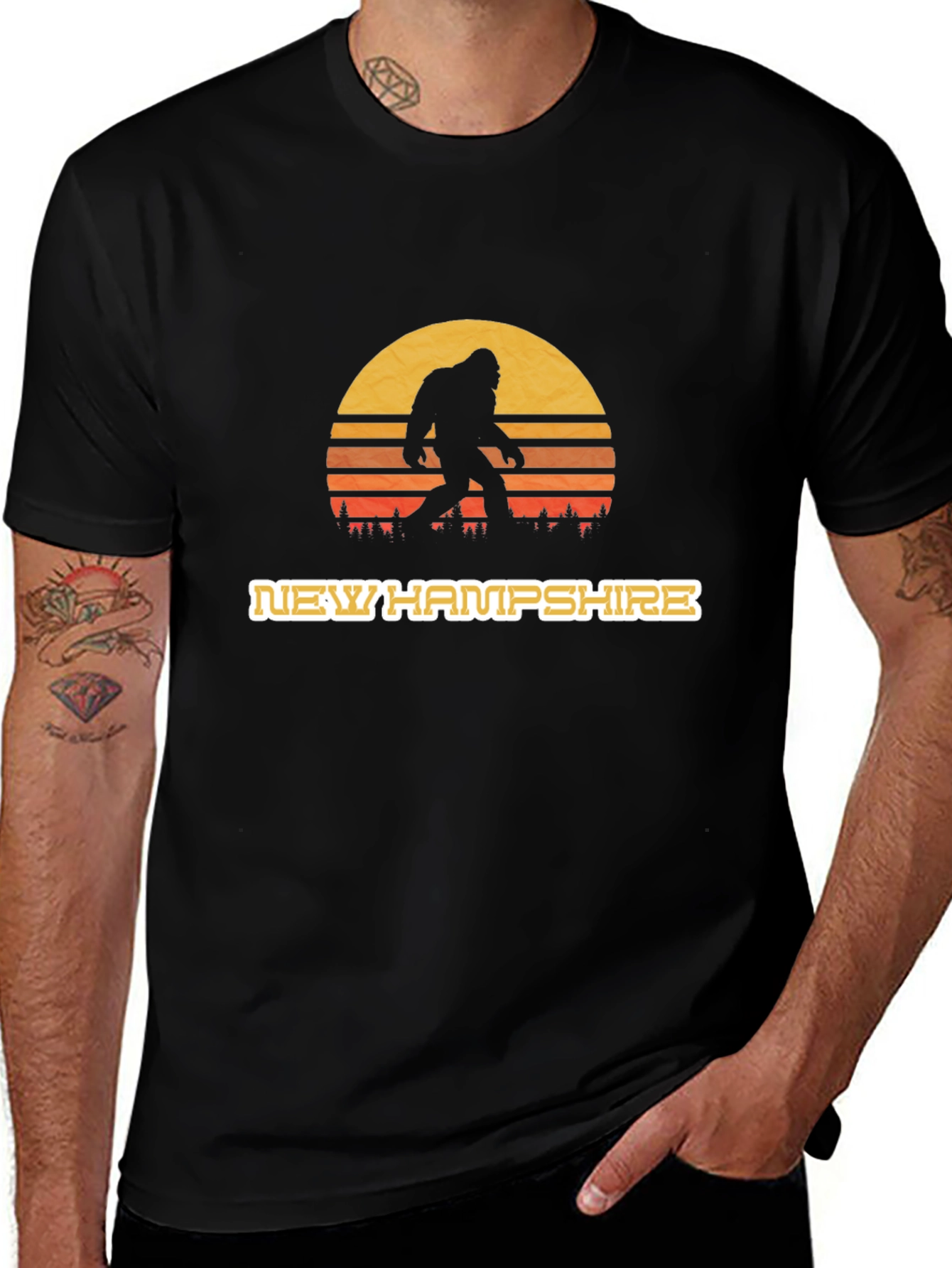 New Hampshire Bigfoot T-Shirt - Retro Sunset Design