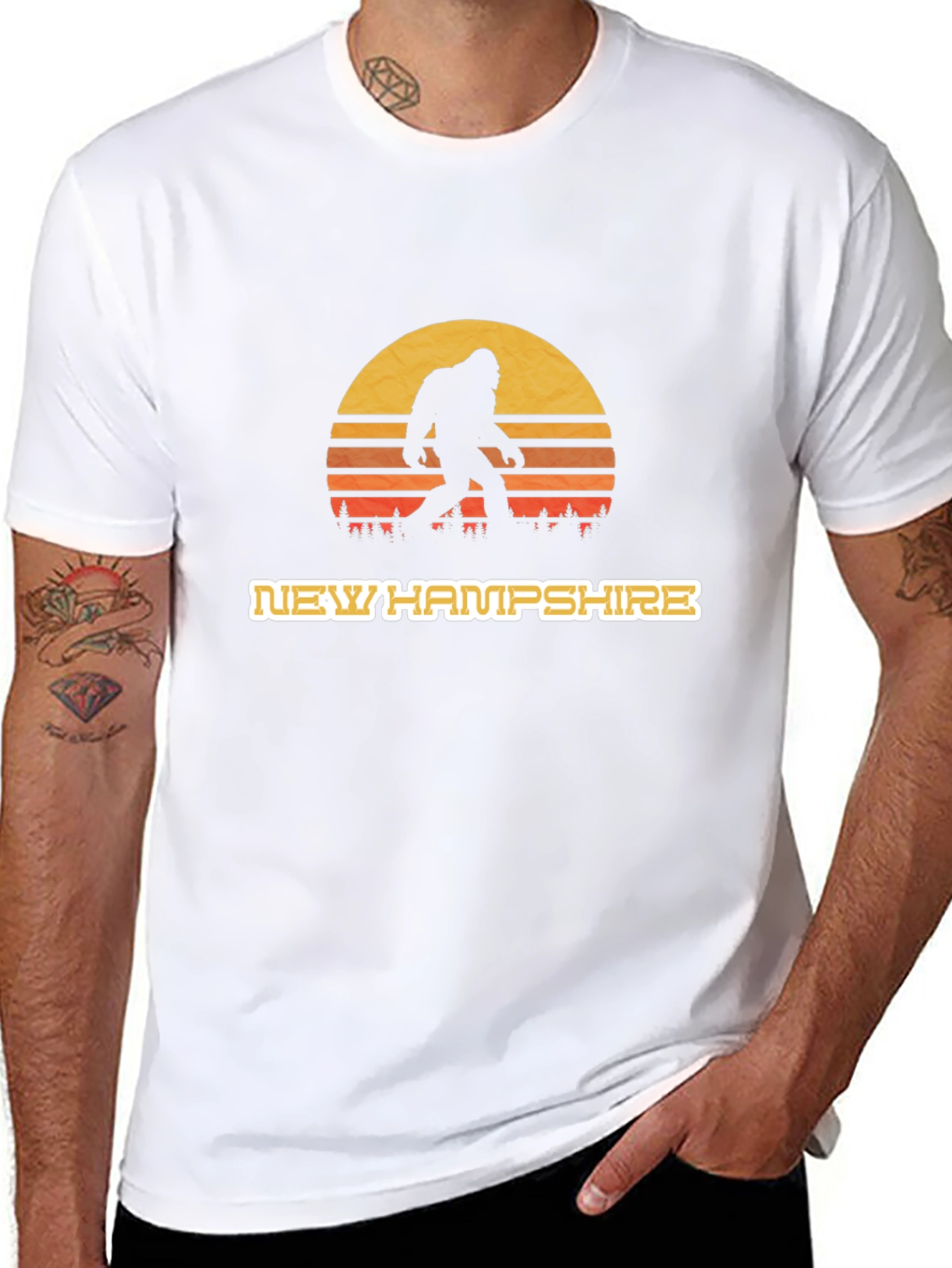New Hampshire Bigfoot T-Shirt - Retro Sunset Design
